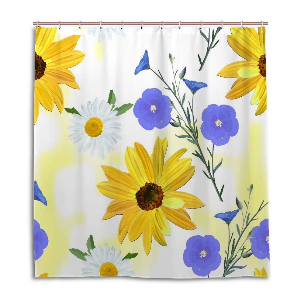 Rideau de douche coloré motif fleurs de camomille en tissu polyester pour baignoire