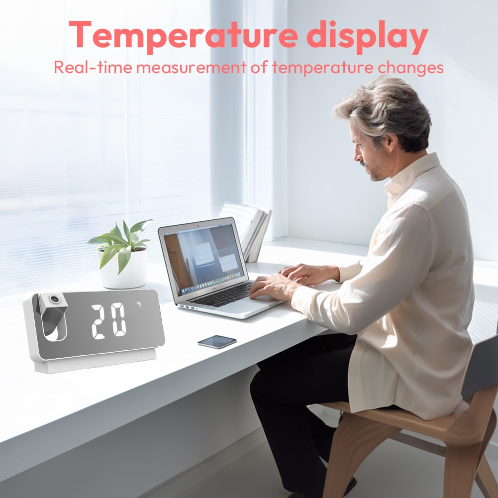 Sveglia digitale con proiezione, orologio digitale a LED, con data, temperatura, comodino, camera da letto, schermo extra grande, senza radiazioni, orologio digitale (bianco)