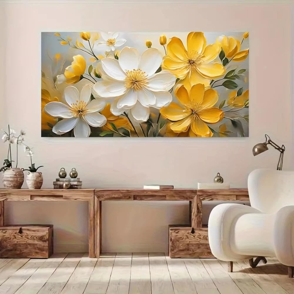 XIANGPEIFBH White and Yellow Flower Abstract Canvas Prints Poster Modern Floral Large Horizontal Art Prints Wall Art Home Decor(40x80cm/16x31in/Unframed)