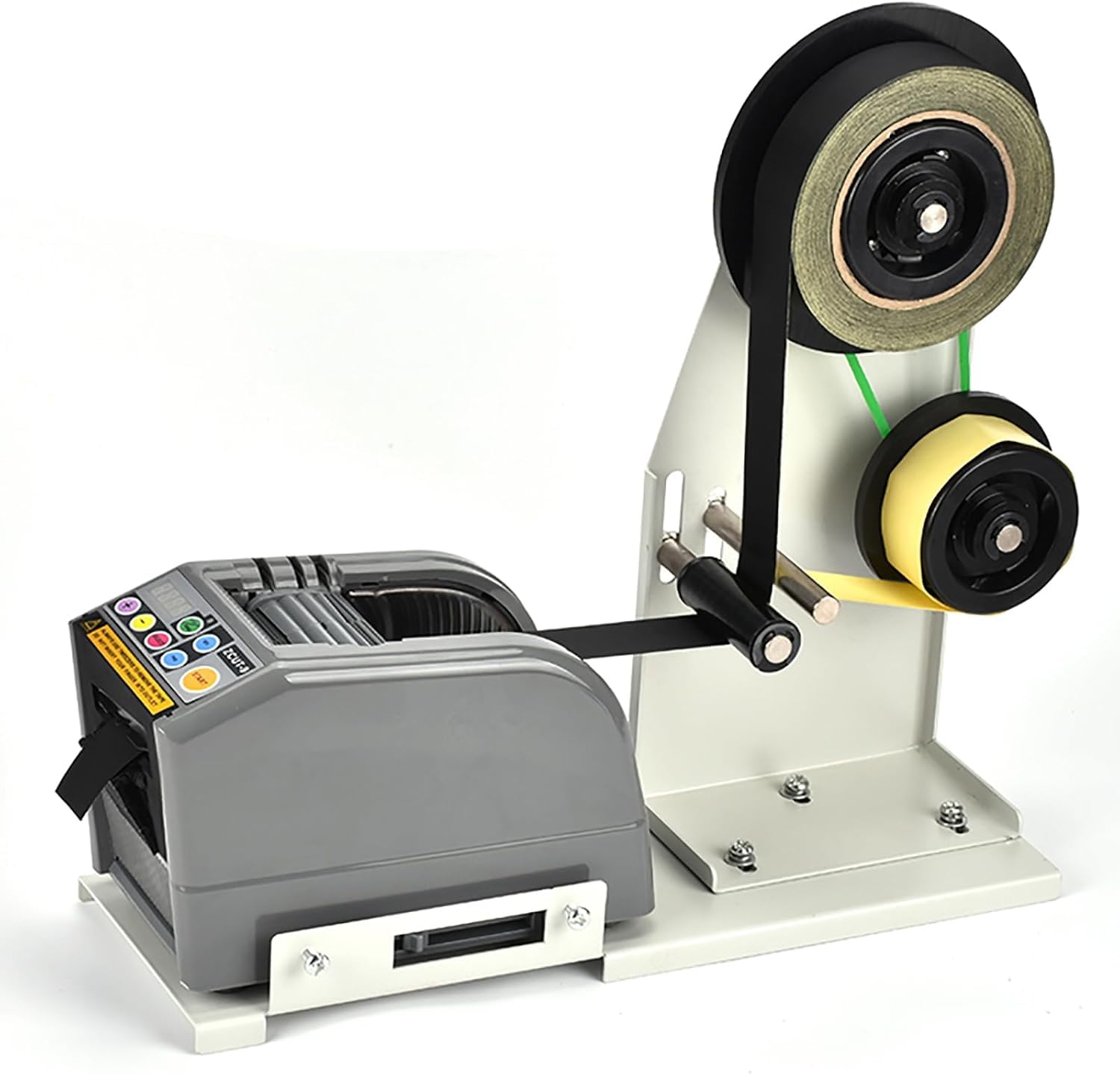 Staffa per dispenser automatico di nastro adesivo con sistema di spelatura e riciclo efficiente per un flusso di lavoro ottimale.