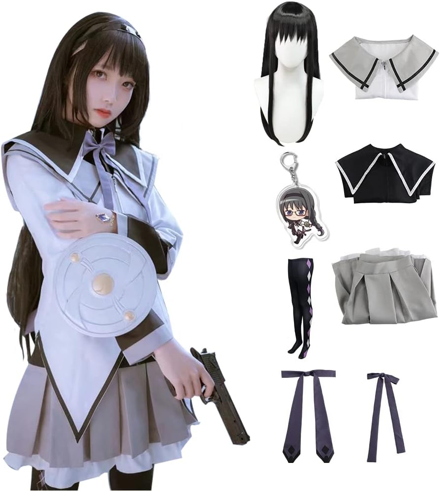 Juejuezi Women Madoka Magica Magi Costume Akemi Cosplay Uniform Dress High School Outfit Halloween for Adult