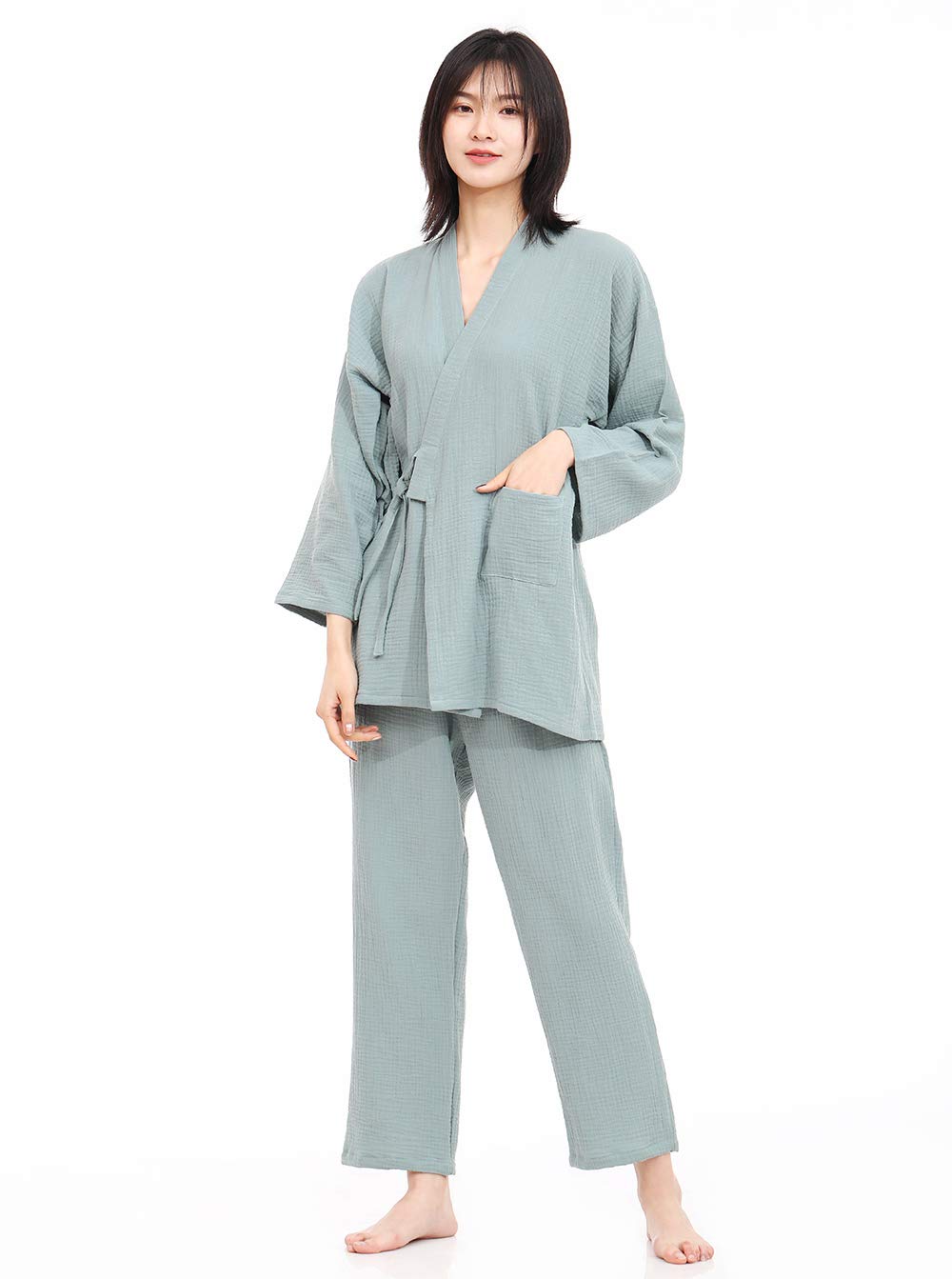 Japanese Women Jinbei Shijira Weave Double Gauze Pajama Set Green L