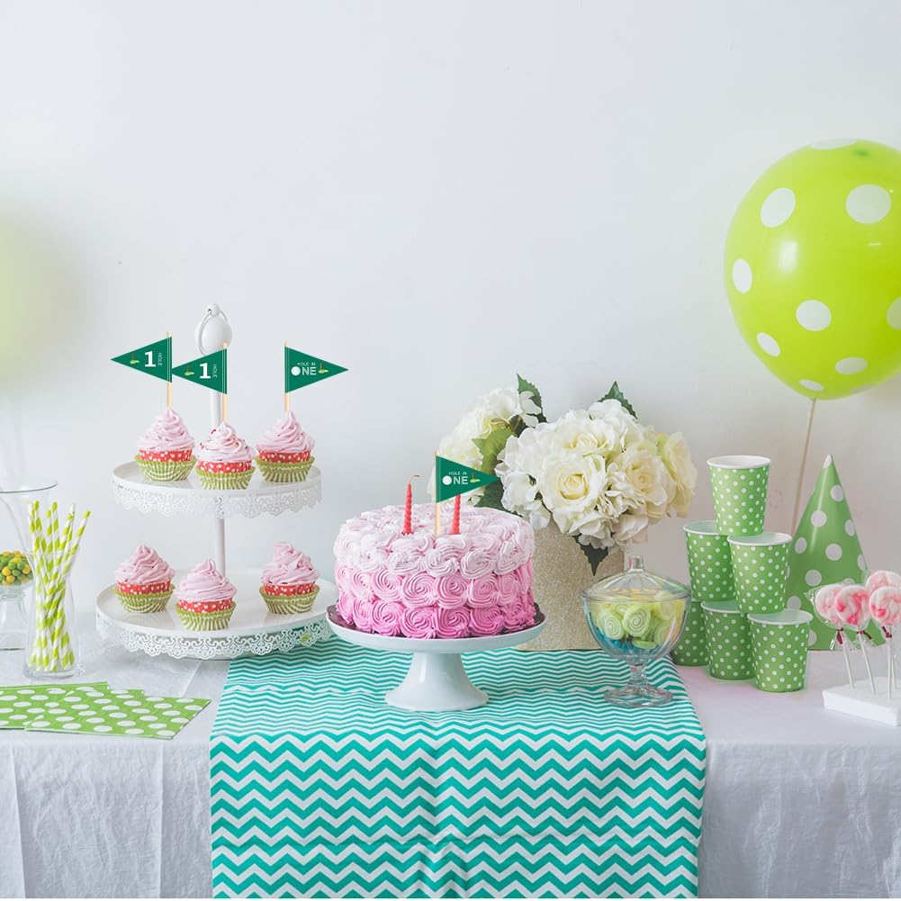 Golf Themed Toothpick Flags, 20 PCS Hole In One 1st Birthday Golf Cocktail Picks Mini Stick Cupcake Toppers Flags for Baby 1st Birthday Party Food Bar Decorations (Green Hole In 1)