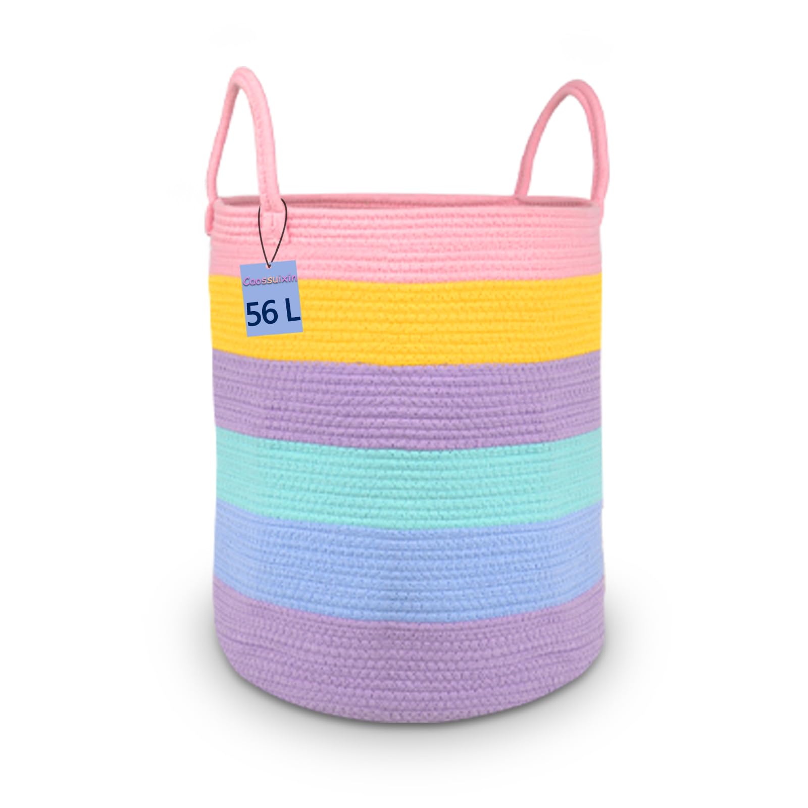 Caossuixin Rainbow Baby Laundry Basket, 38x50cm(56L) Extra Large Woven Cotton Rope Basket, Blanket Basket with Handle