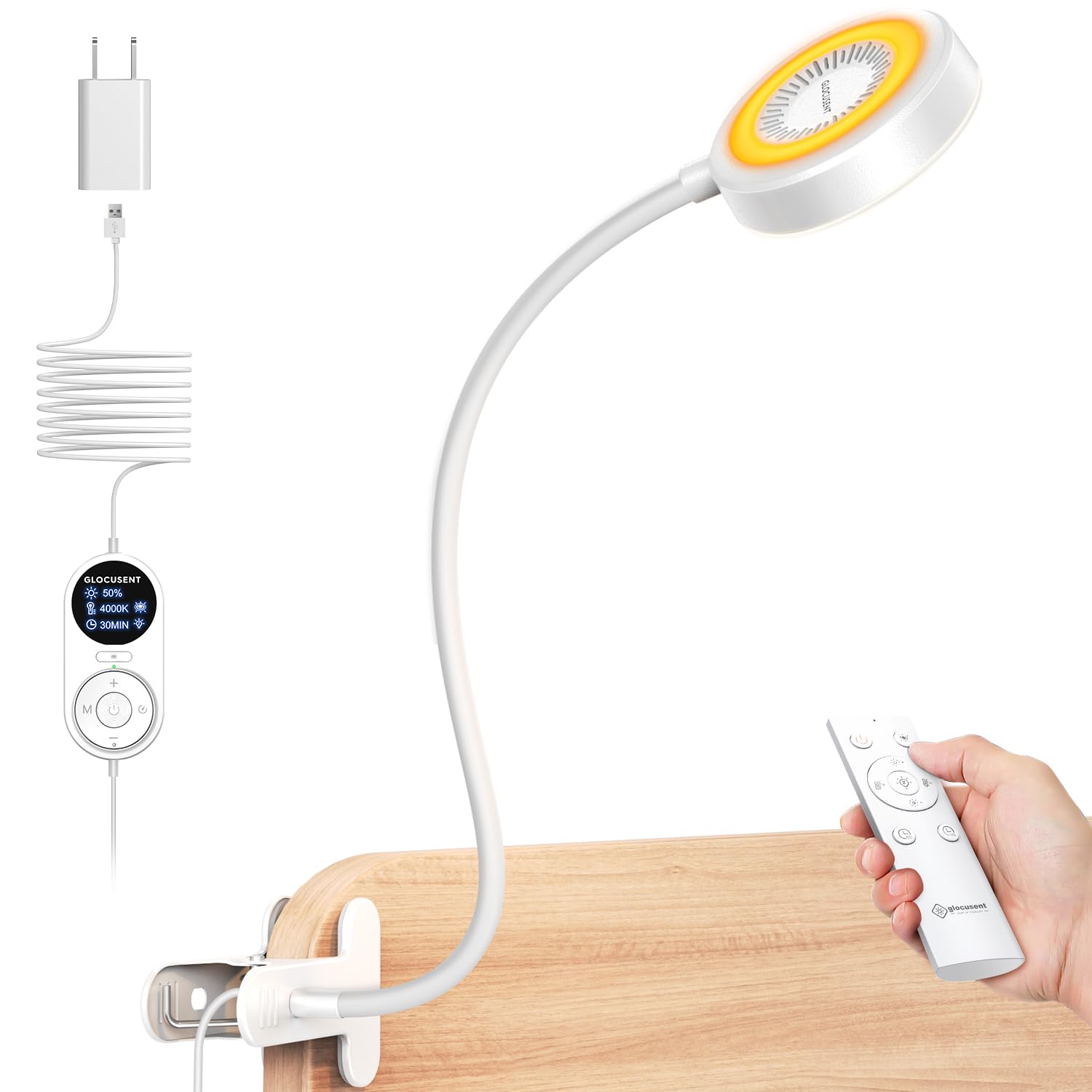 Glocusent Clip On Light, 72 LED Desk Lamp with 3 Colors & 5 Brightness, Flexible Clip on Lamp with Amber Night Light