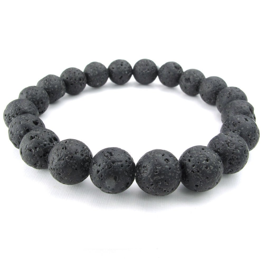 KONOV 10-12mm Lava Rock Mens Womens Bracelet, Natural Energy Stone Gemstone Beads, Black