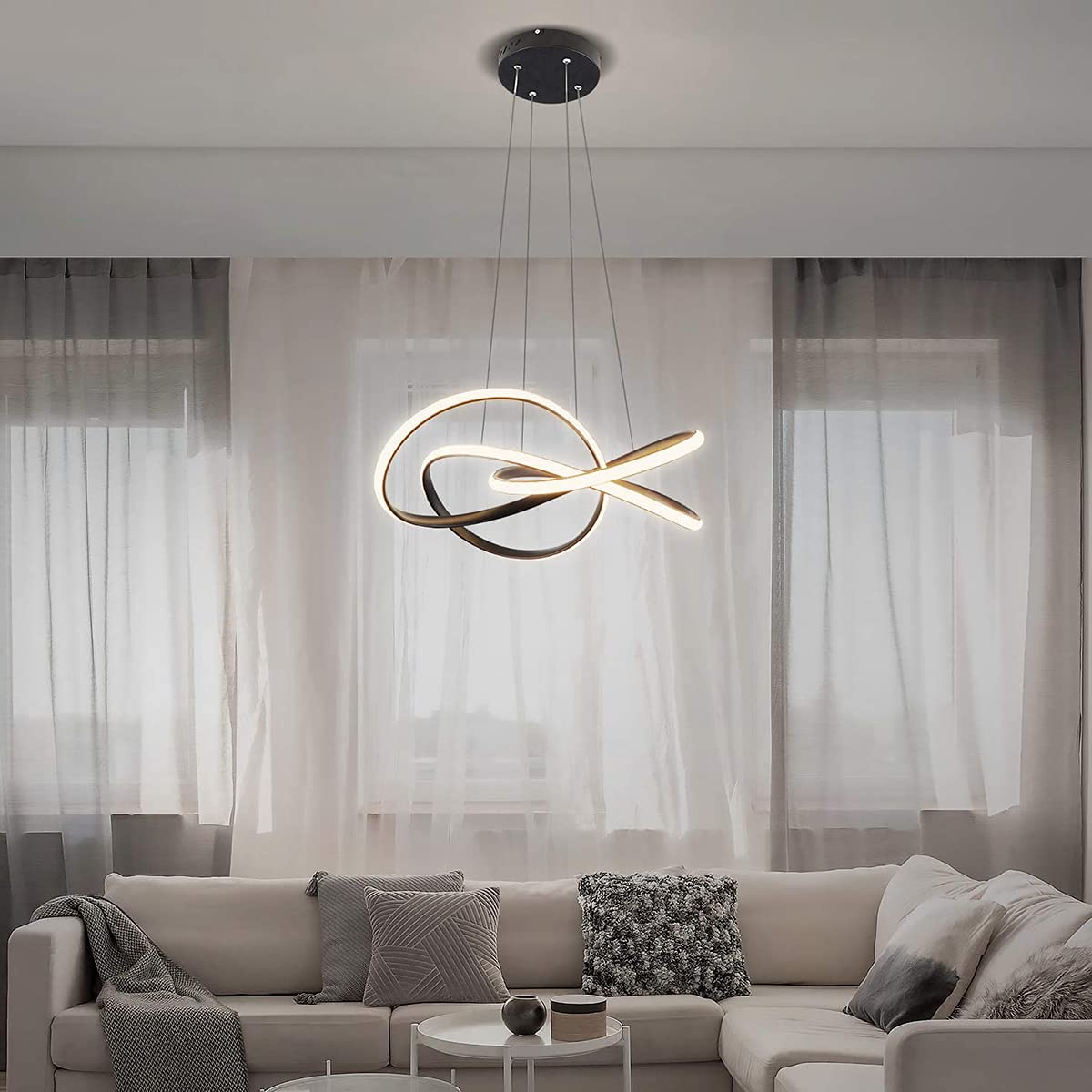 KXEcoLife Modern 64W LED Spiral Pendant Light, Adjustable Chandelier with Remote Control, Ideal for Living Room, Bedroom, Dining Kitchen Island (C - Black)