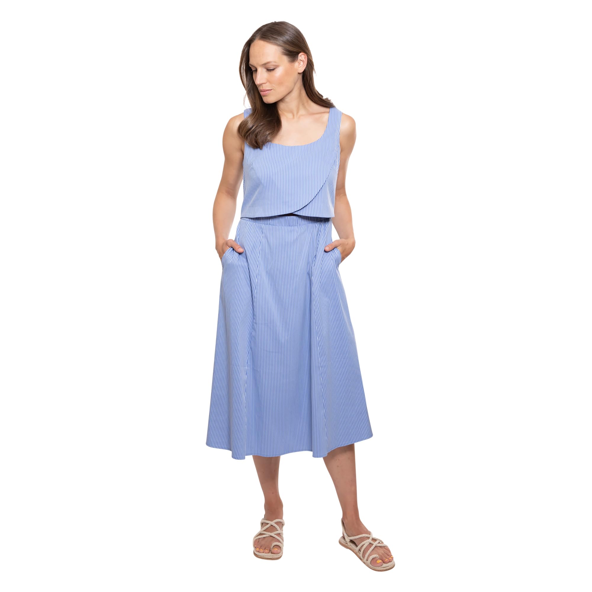 Madri Collection Breastfeeding Nursing Crossover Dress | Classic A-Line One Piece | Comfortable, Stylish, and Functional Postpartum Wear (X-Small, Sky Blue Stripe)