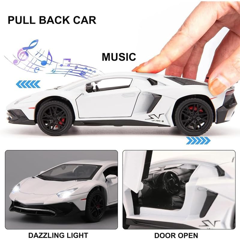 Image of Kids Model 1:32 LP750 Die Cast Metal Car Pull Back Action Opening Doors with Realistic Engine Sound Lights Toy Car Gift for Boys - White