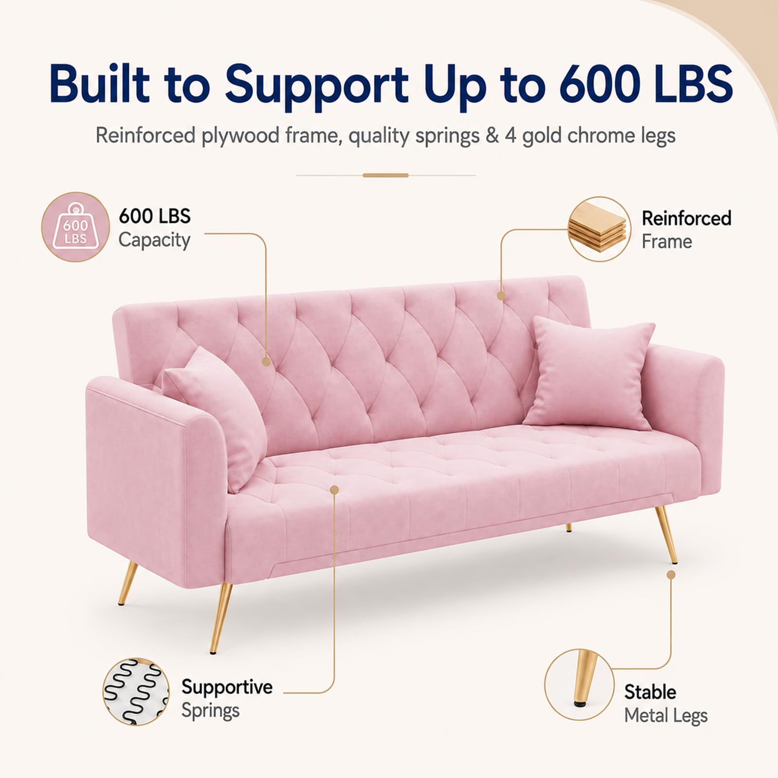 Majnesvon 71" Pink Futon Sofa Bed Couch: Velvet Fabric Memory Foam 2 Pillows Gold Metal Feet Adjustable Tufted Backrest, Convertible Folding Sleeper Loveseat for Living Room Bedroom Apartment (Pink)