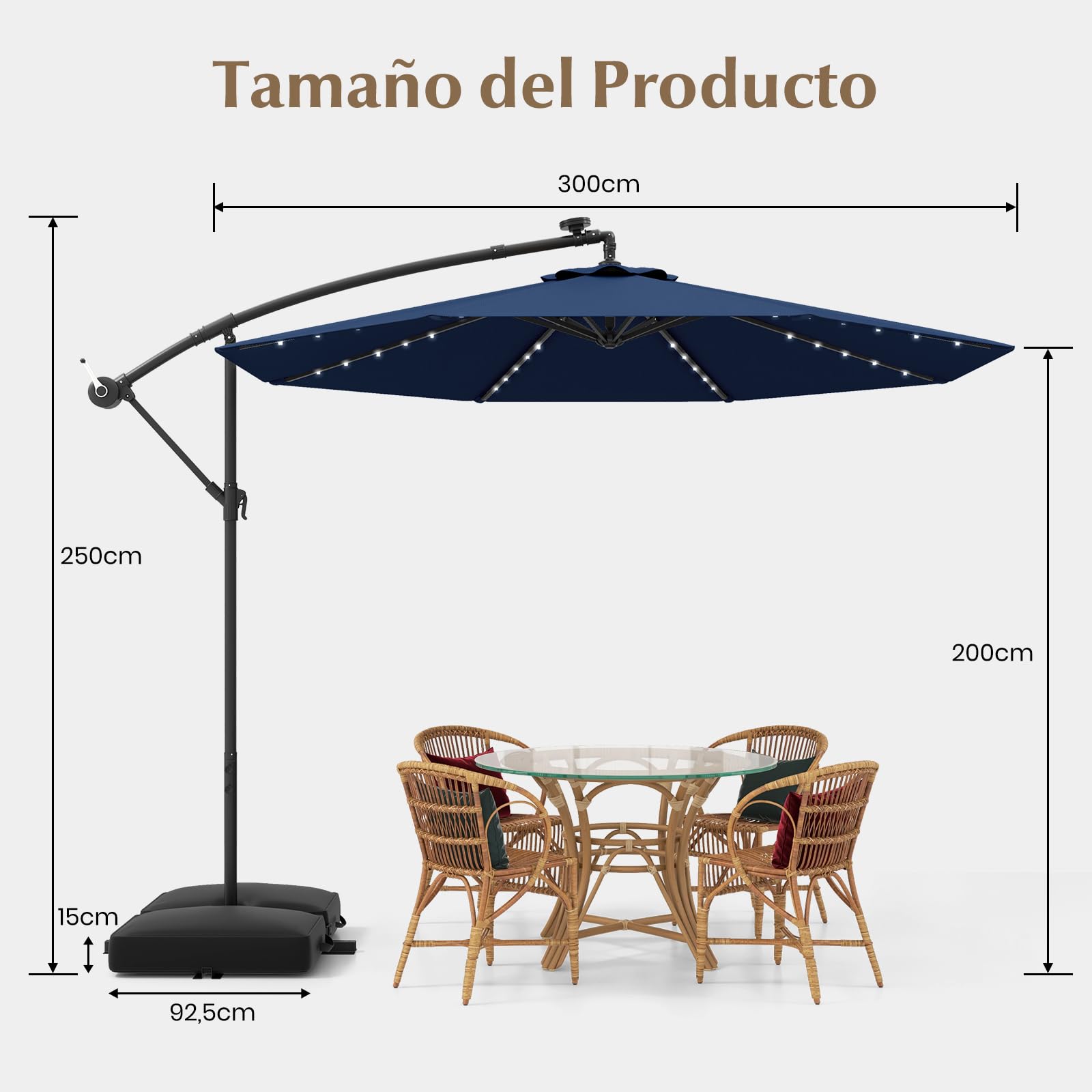GOPLUS Sombrilla Terraza Exterior 3x3 m con 40 Luces LED Solares, Parasol Excentrico Inclinable con Pie y Base, Altura ajustable, Resistente al Viento y GuardaSol (con Base y LED, Azul, 3 M)