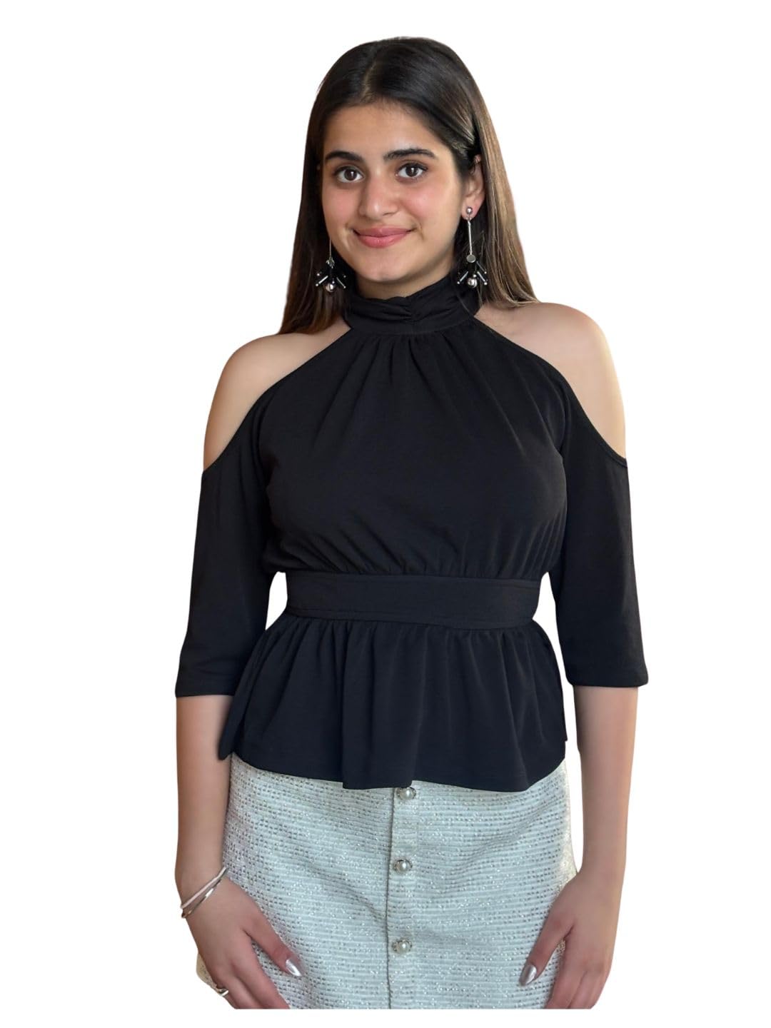 tandul Women's Solid Black Cotton Blend Top Regular Fit Cold Shoulder Sleeves Top for Womens Soft & Breathable & Comfortable Outfits for Office, Casual, Festive & Party (11499)-picture-45