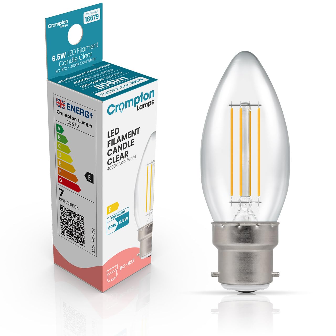 Crompton Lamps Filament Candle LED Light Bulb BC-B22d | 6.5W = 60W Equivalent | Cool White 4000K | Energy Efficient | Bayonet Lightbulb | Long Life 15,000-Hrs | Clear Glass