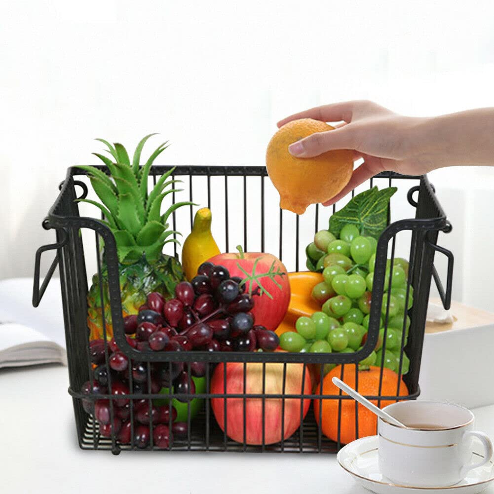 Homion Black Large Stacking Basket Storage Veg Rack Stackers Shlef Multi Purpose Stackable Wire Storage Basket With Carry Handles Kitchen Fruit Stand