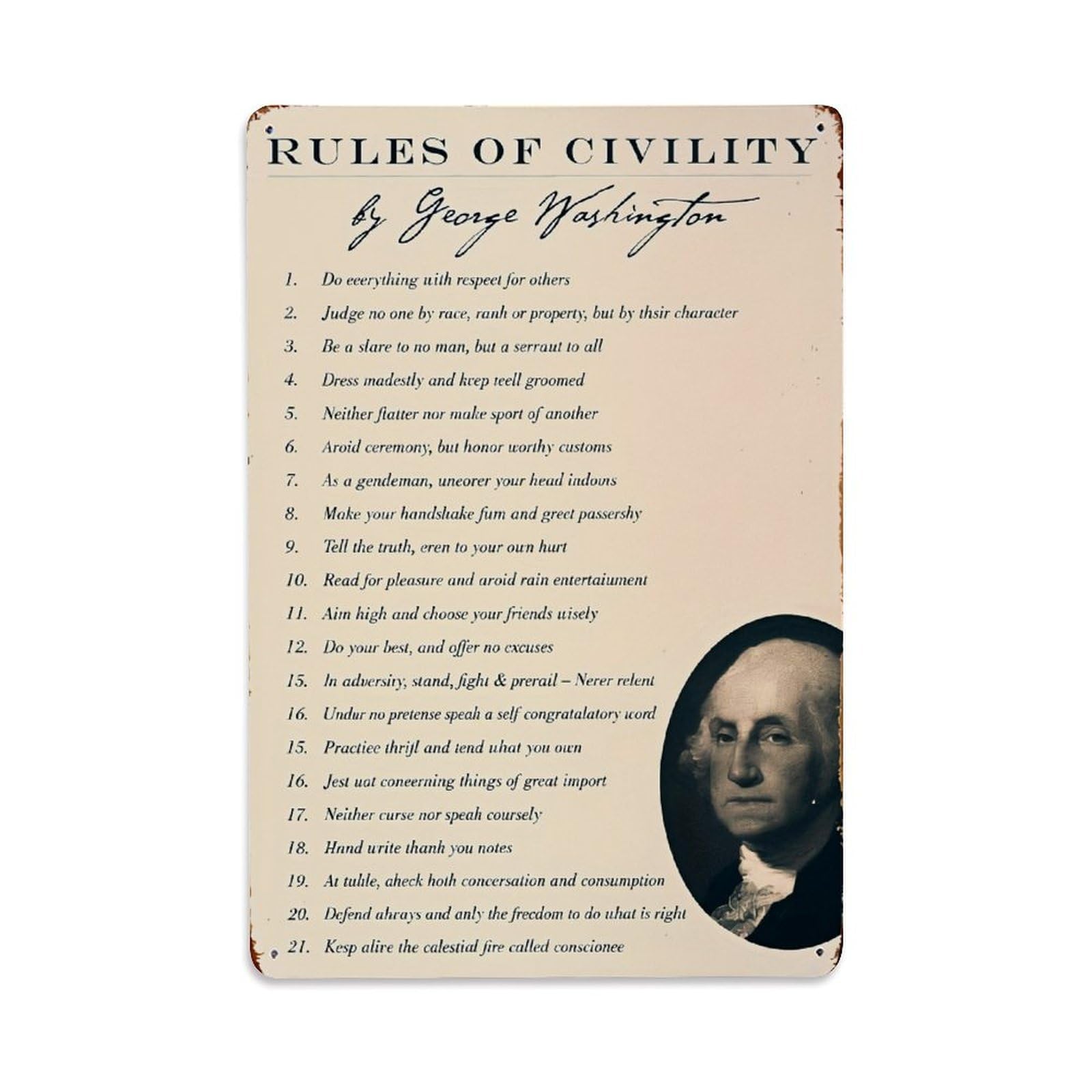 Jdyaojiesheng Vintage Rules Of Civility By George Washington Tin Sign Retro Metal Wall Decor Metal Poster, Home Bar Garage Farmhouse Cafe Wall Art Decoration 8X12inches