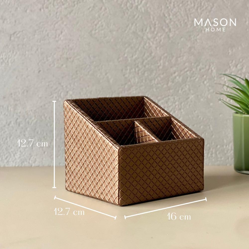 MASON HOME Vegan Leather & Mdf Braided Brown Remote Holder - 1Pc - L 6.25" x B 5" x H 5"|Decorative Multifunctional Space Saving Organizer Stand|Rom - Table - Desk|AC TV Controller-Gadgets,Stationary 3