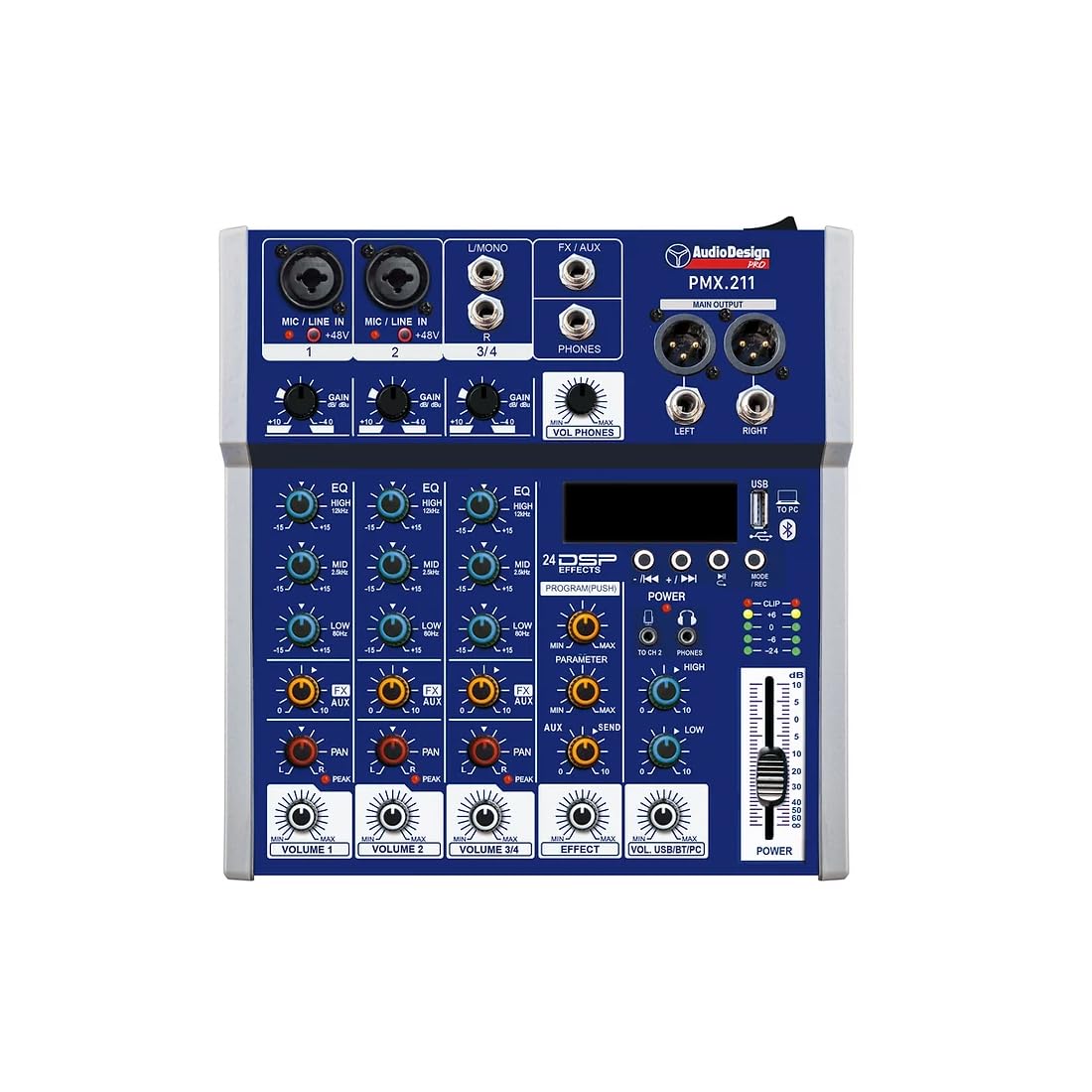 Mixer audio professionale, console con 4 canali, bluetooth, 24 effetti DSP