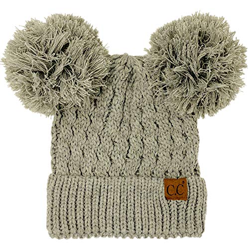 CC Winter Cute 2Pom Pom Ears 2tone Soft Warm Thick Chunky Knit Beanie Hat (Solid Lt. Melange Gray)