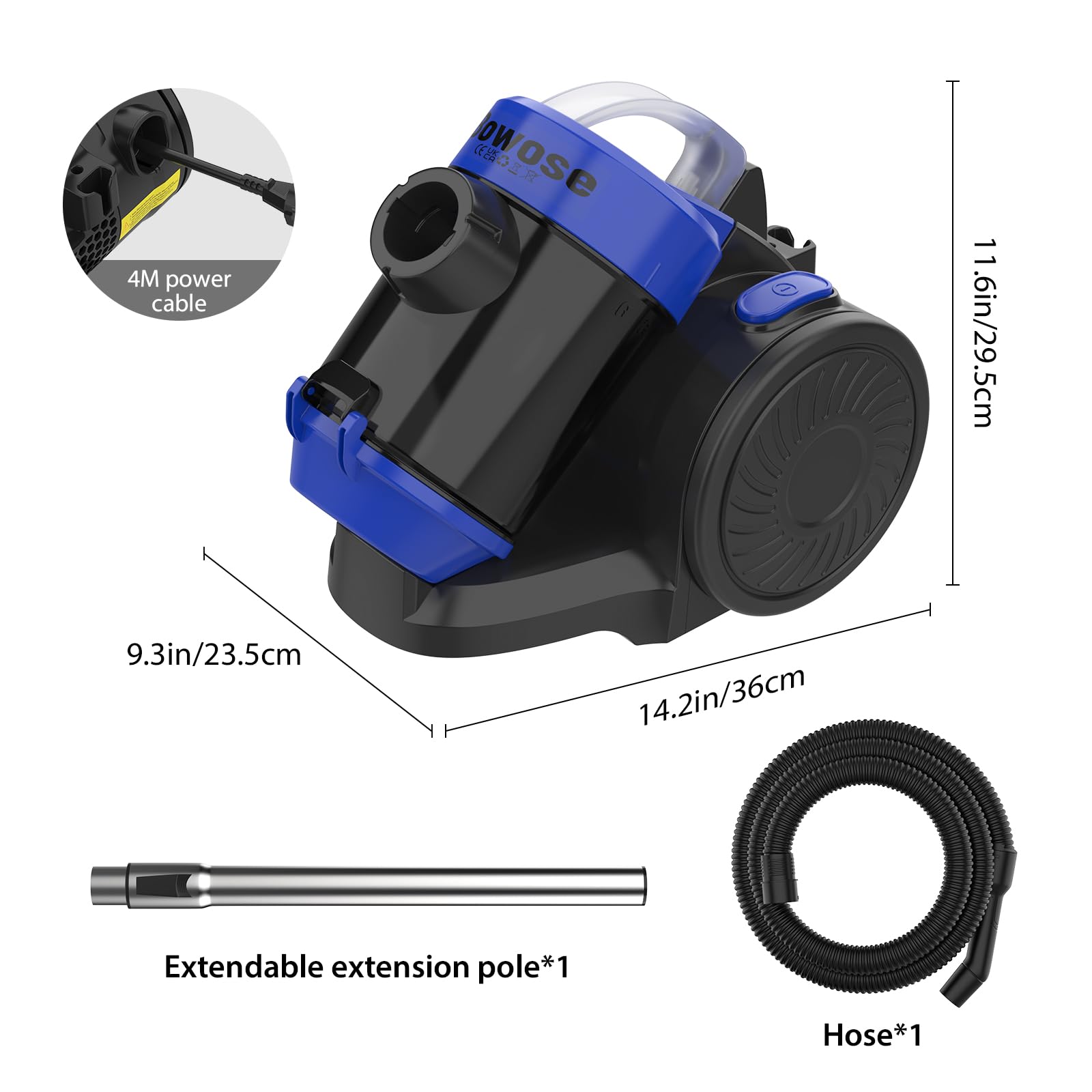 DayPlus Aspiradora sin bolsa de 1200 W, boquilla para suelo de parqué, alfombra, azulejos, filtro higiénico, cable largo de 4 m, silencioso, compacto y ligero