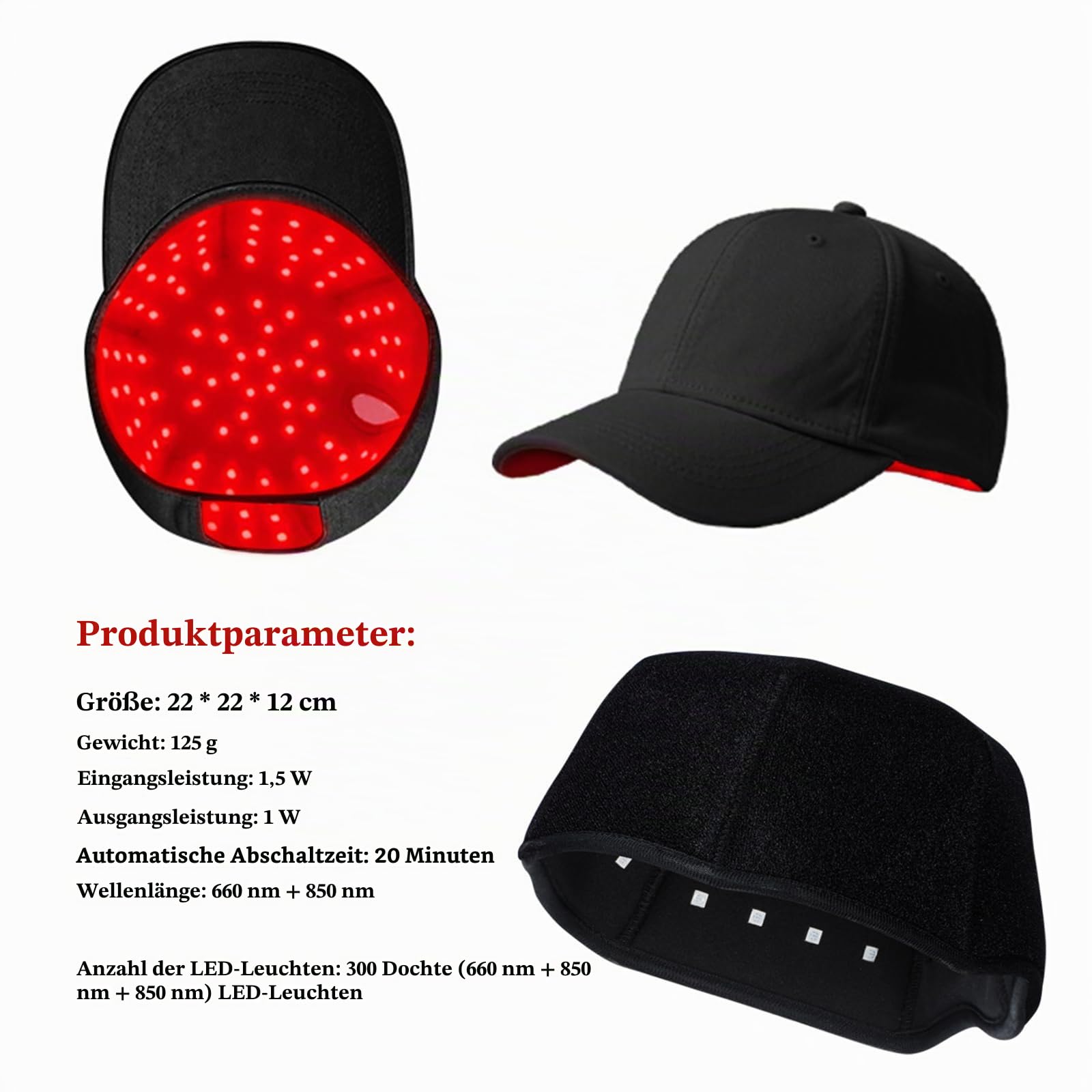 GOURIXIN Laser Cap Rotes Licht Therapie Cap für Haarwachstum, Rotlichtlampe Haare Anti-Haarausfall, 300 LED-Lampenperlen Therapiekappe 660nm 850nm, mit USB Aufladung und Abnehmbarem Panel