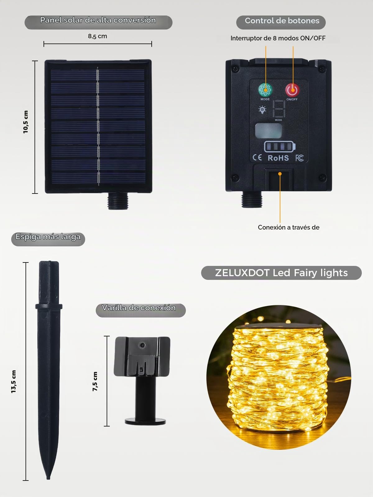 Cadena de luces solares extra largas, paquete de 2 luces para exteriores de 30m, impermeables, con energía solar, 300 luces LED para patio, jardines, patio, árbol, boda, Navidad
