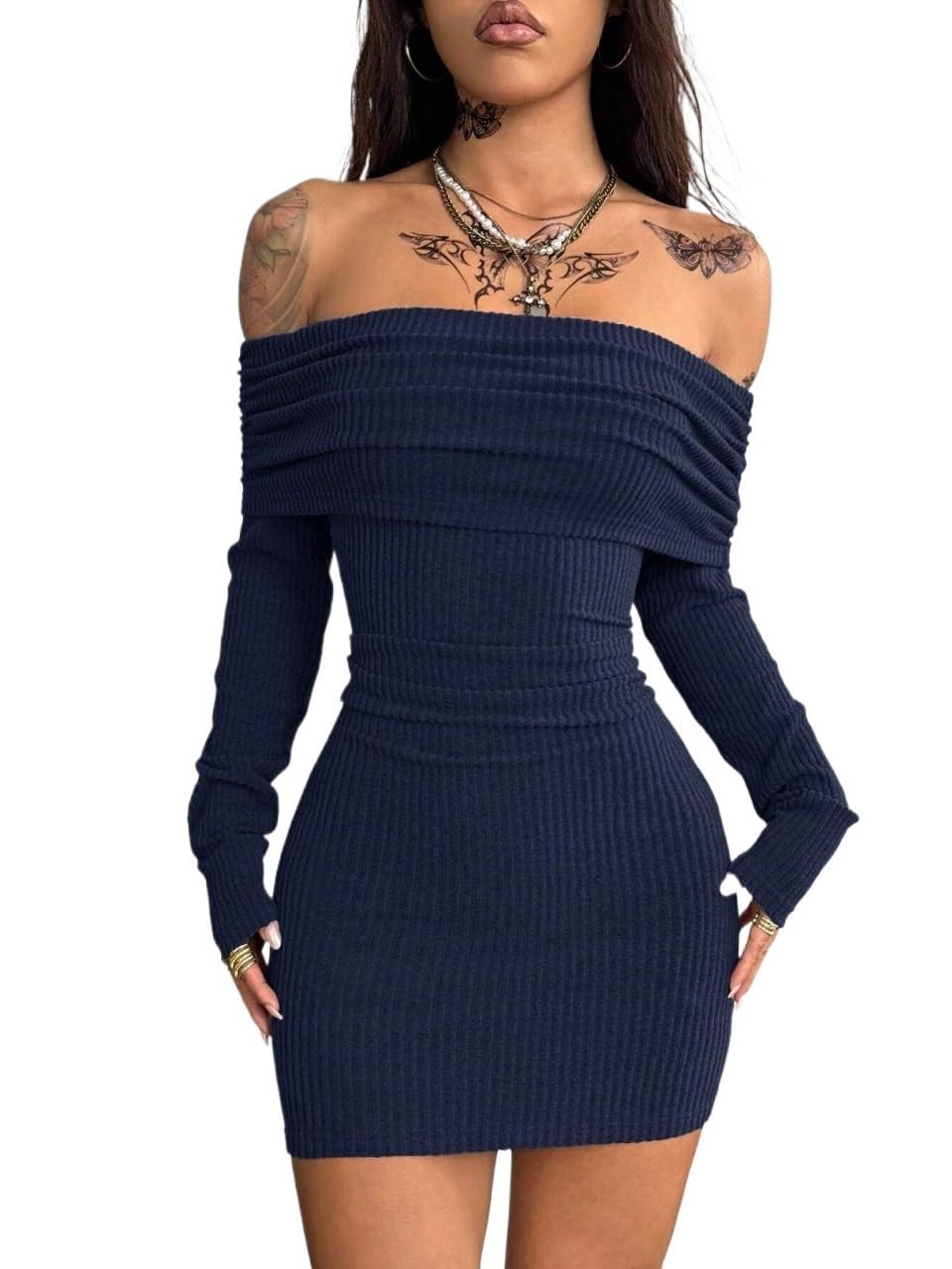 Women's Off The Shoulder Bodycon Mini Dress Elegant Rib Knit Casual Dress For Spring & Summer