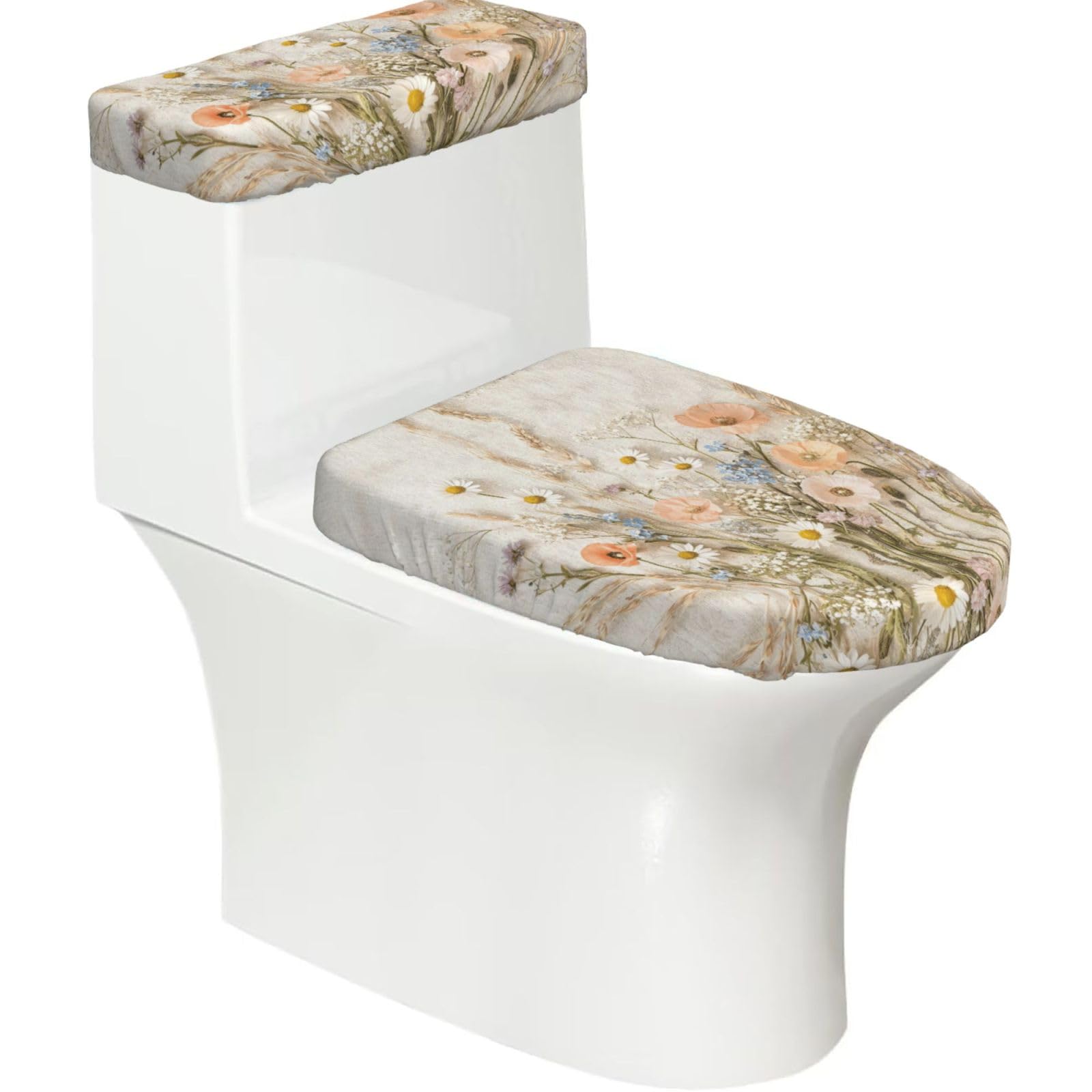 Cntdbu Black Wildflower Vintage Print Elastic Toilet Cover Set Of 2-Stretchy Lid And Tank Covers For Bathroom, Soft Washable U Shape Toilet Decor