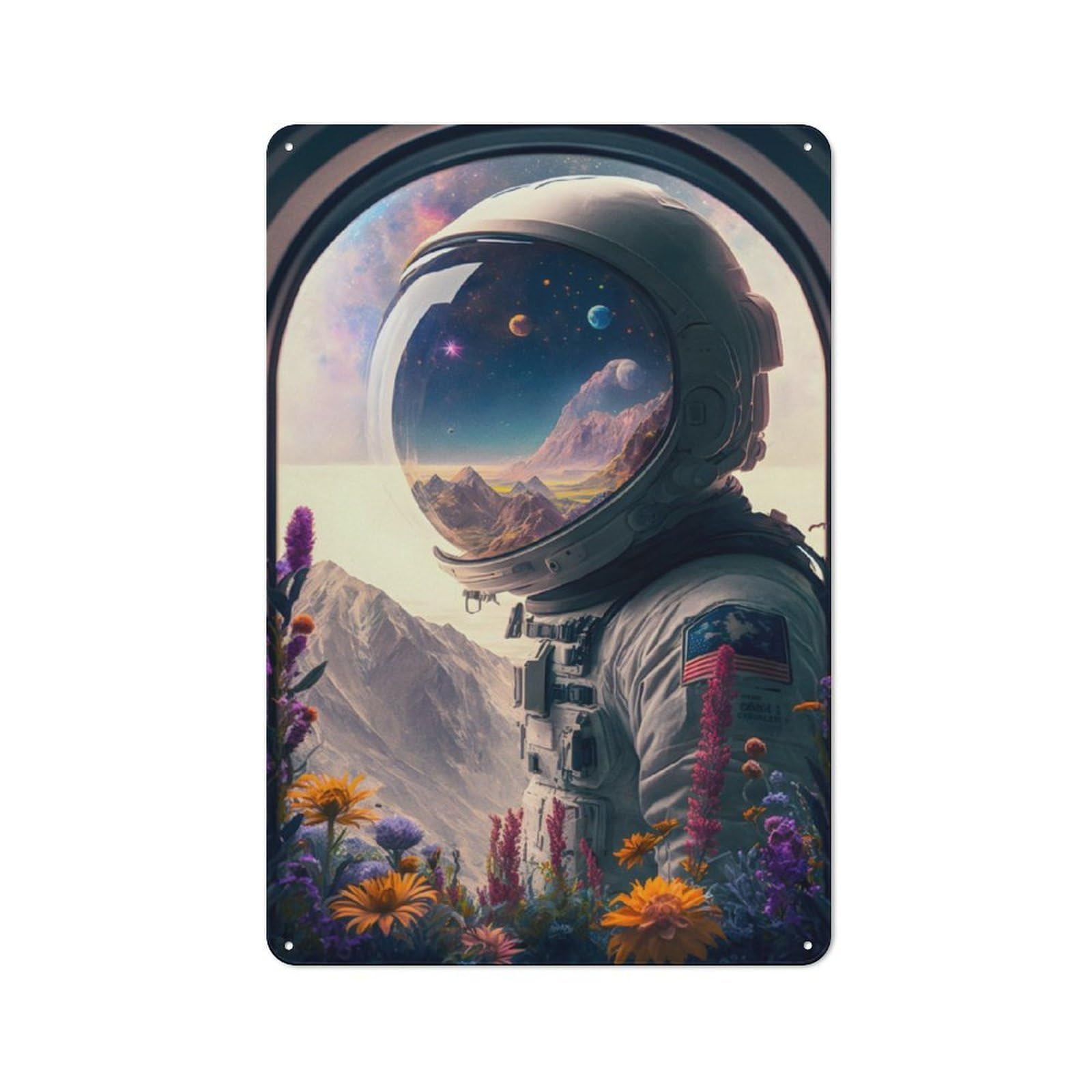 Junmoney Astronaut And Flowers Wind Metal Sign 30X20cm With For Home Bar Wall, Rustic Decor, For Collectors Decorating Home Bars And Entertaining Spaces