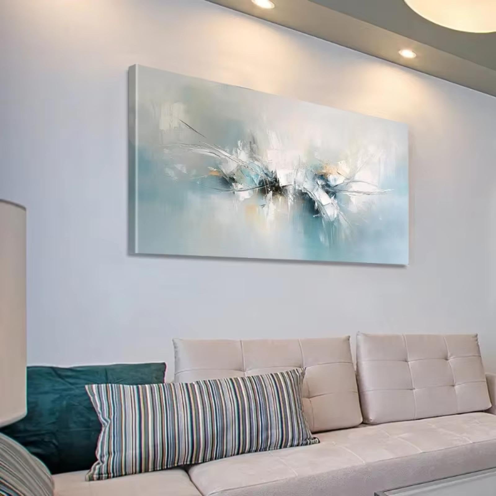 Ihhgnb Multicolor Abstract Large Wall Art Decor, Soft Blues Canvas Print, Light Hues Textured Painting Pictures For Living Room Bedroom 50X100cm(20X39in) Frameless