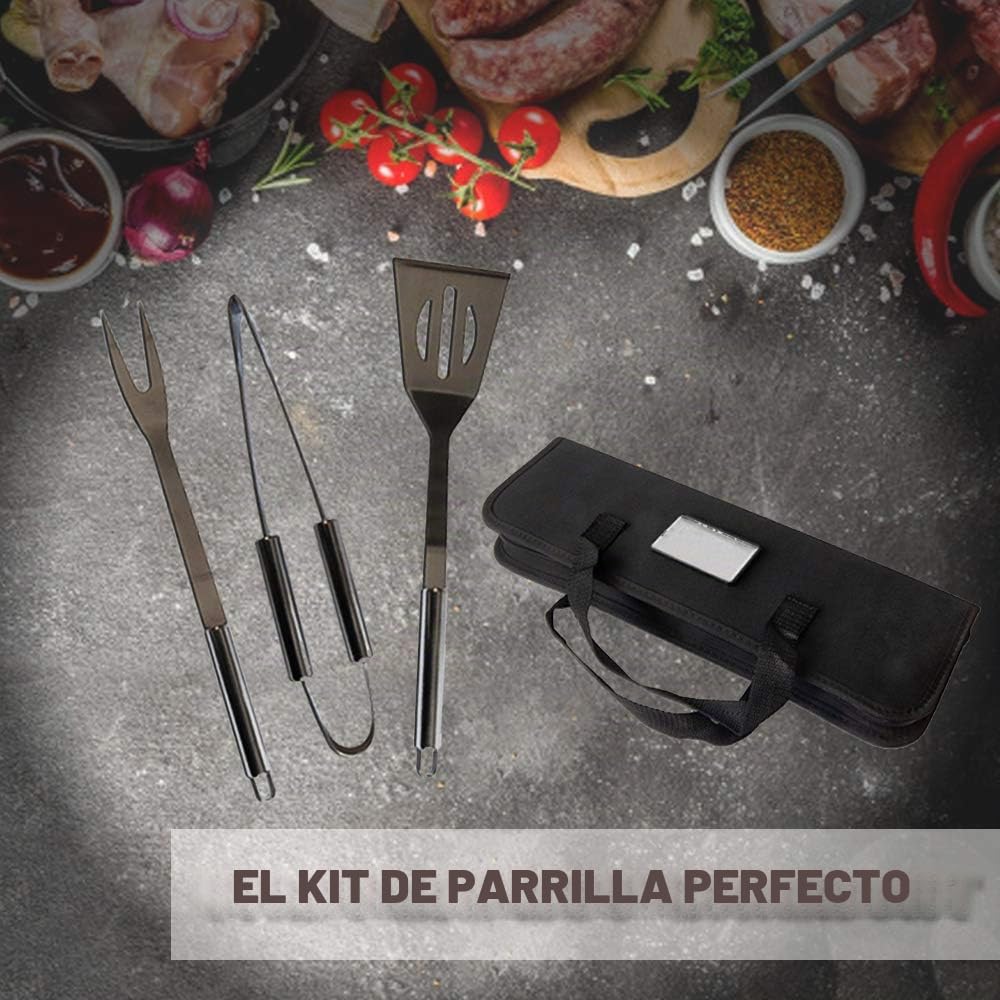 PROMO SHOP Kit Barbacoa 3 Piezas · Accesorios Barbacoa en Acero Inoxidable de Alta Resistencia · Incluye Espátula, Tenedor y Alicates de Gran Resistencia al Calor