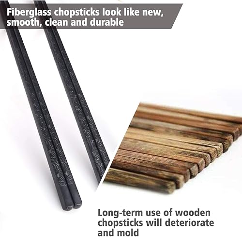 Miniatura 3 de GLAMFIELDS 10 pares de palillos de fibra de vidrio, sushi, reutilizables, aptos para lavavajillas, 9.5 pulgadas, flor negra