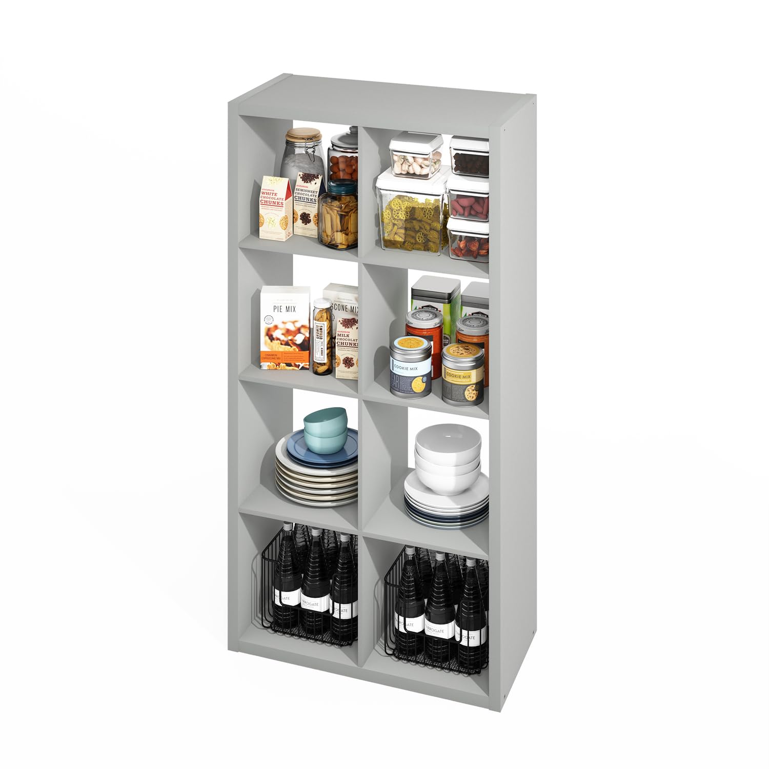 Furinno HERMITE Kitchen Island, 8-Cube Coffee Bar, Extra Thick Kitchen Storage, Bakers Rack, for Pantry Organizers and Storage, Kitchen Organization, Light Grey