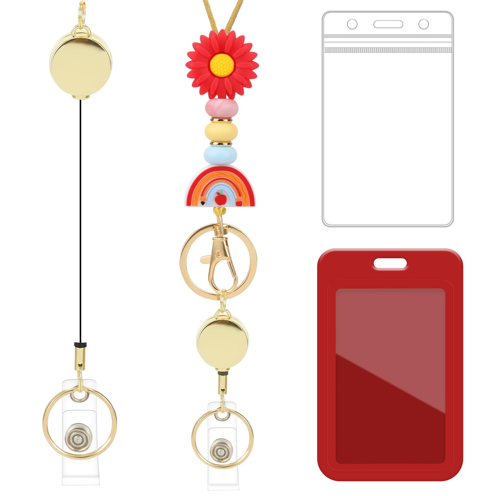 Retractable Lanyard ID Badge Holder - Cute Rainbow Flower Retractable ID Badge Holder with Silicone Beaded Keys Keychain Breakaway Lanyard for Women