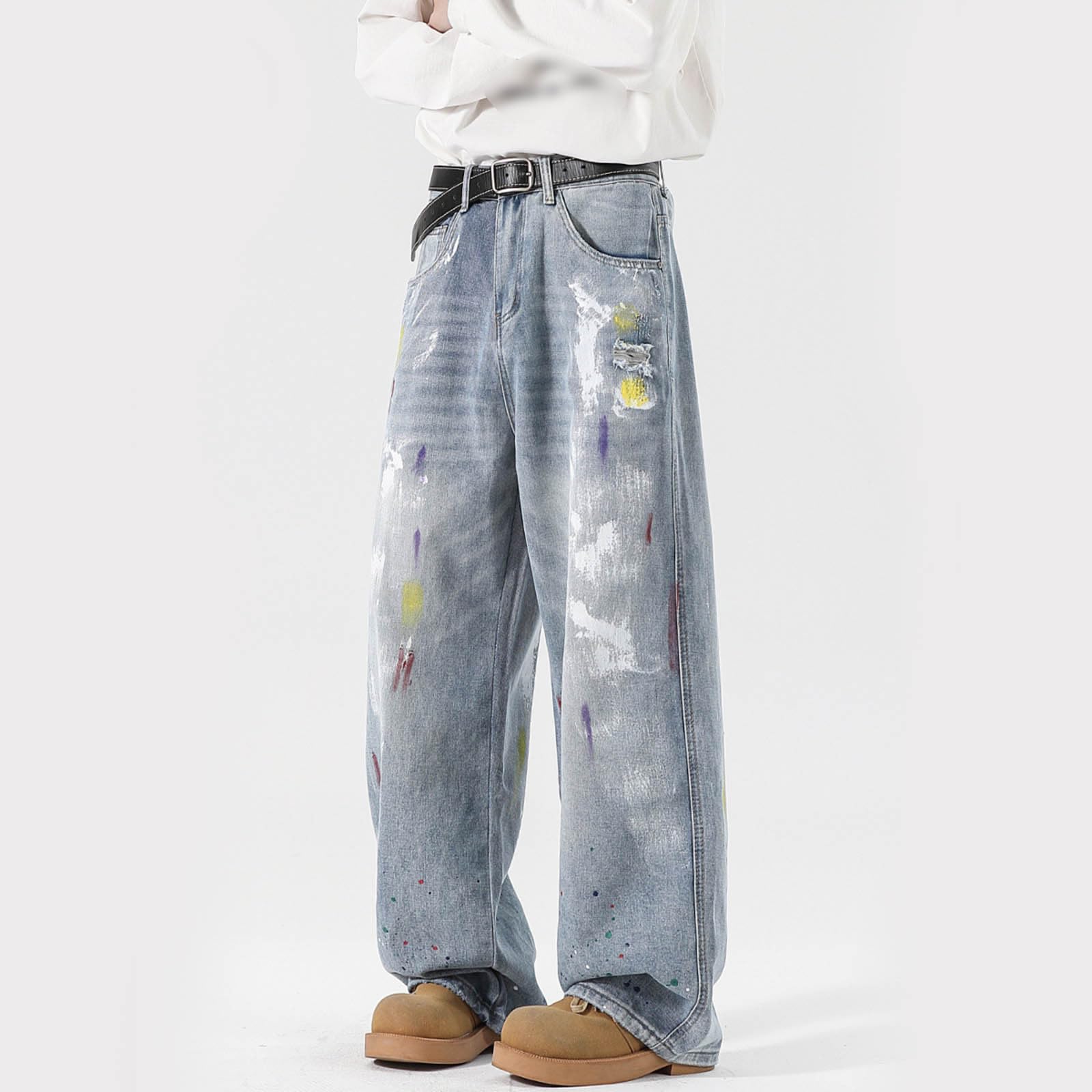 Generico Pantaloni Baggy Uomo Jeans Elefante Loose Zampa Larghi Moto Jins Slim Flare Invernali Fit Cargo Y2K Salopette Bootcut Balloon
