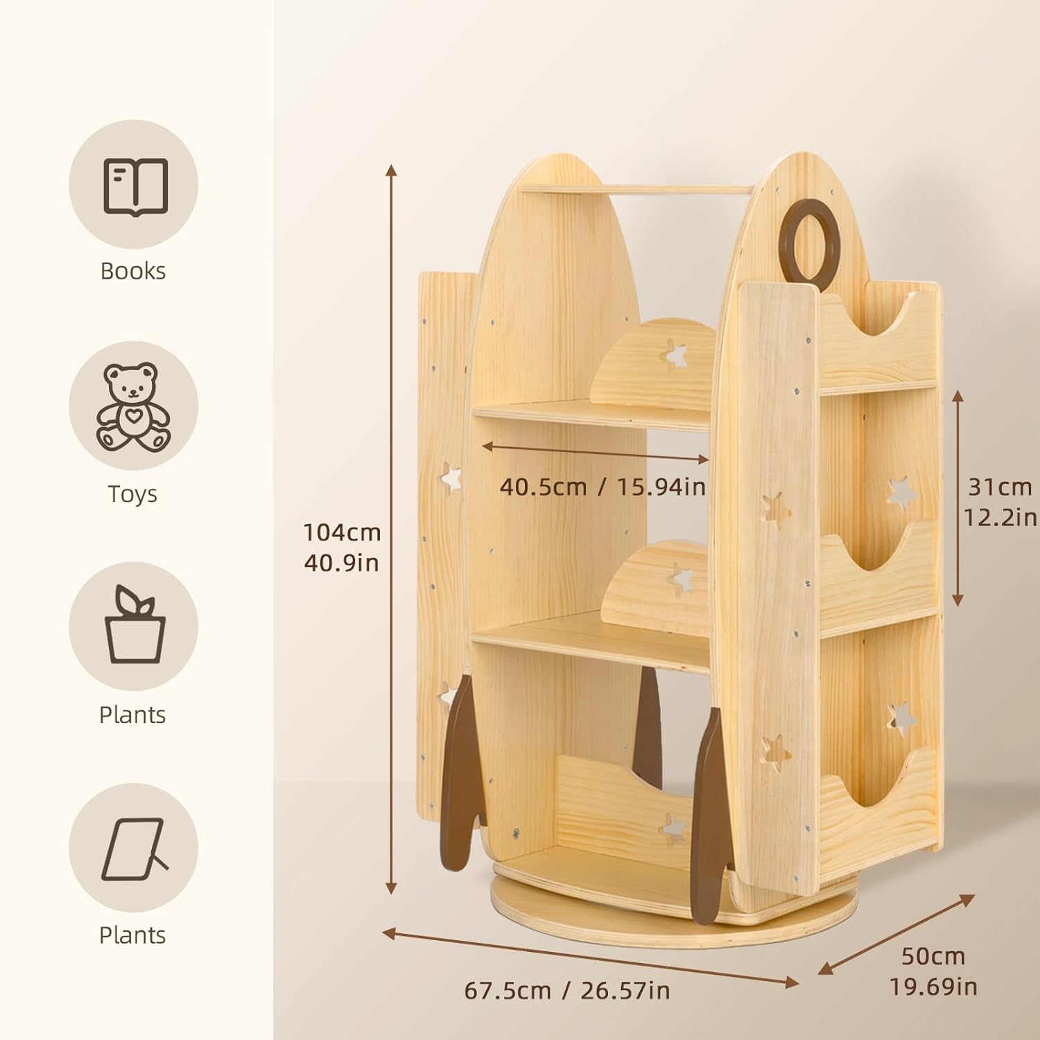 OOOK Rocket Rotating Bookshelf for Kids, 360 Display Spinning Bookshelf Tower with Large Capacity Design, Montessori Toy Shelf for Kids Rooms, Classroom, Play Room