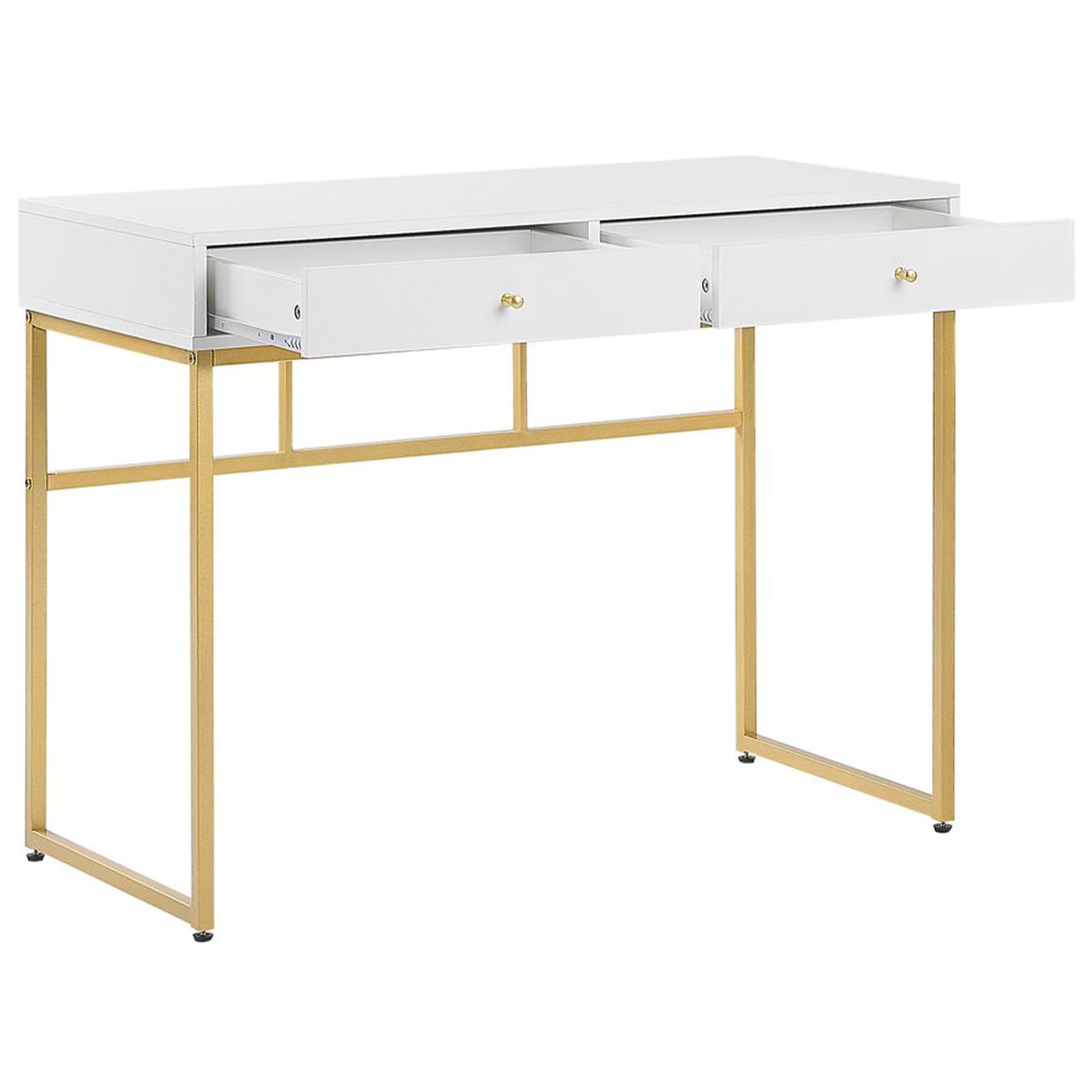 Beliani Console Bureau à Domicile Glamour à 2 Tiroirs à Base en Métal Doré et Plateau Blanc Daphne