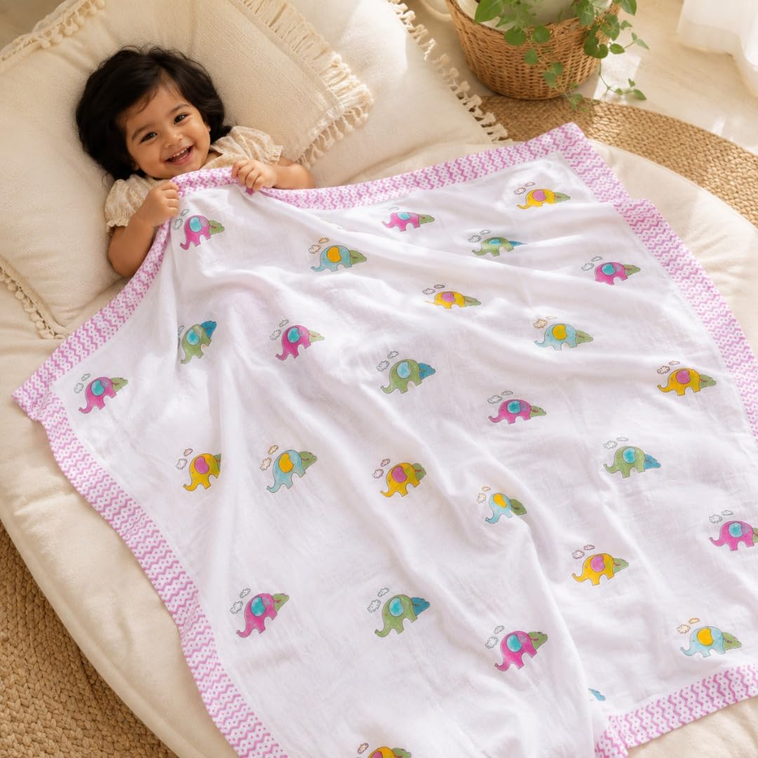 DIVYAM 100% Cotton Kids Dohar Blanket | Jaipur Hand Block Printed Reversible Baby Dohar | Premium Soft Muslin Style Summer AC Blanket 40 x 60 Inch | All Season Lightweight Quilt-image-36