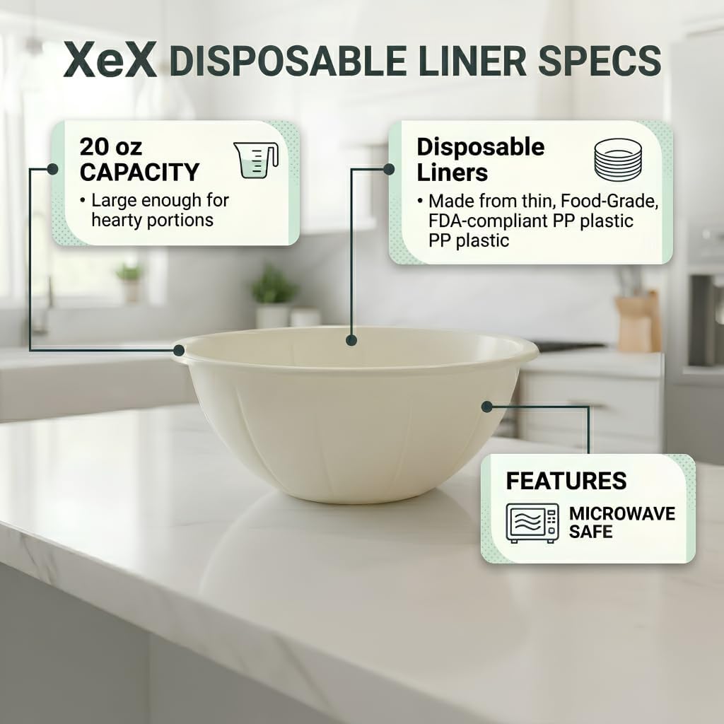 Ceramic Bowl with 100 Disposable Liners (20 oz) - No Wash Reusable Soup & Cereal Bowl Set - Easy Cleanup Kitchen, RV & College Dorm Room Essentials - Starter Kit