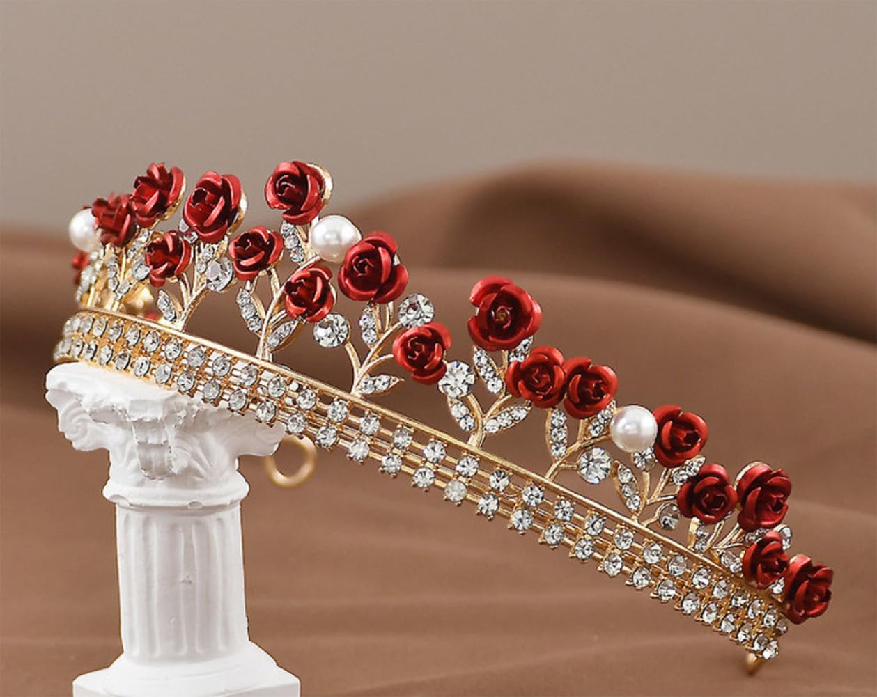 Glitter Red Rose Tiara with Rhinestones & Pearls Bride Princess Floral Crown Headpiece for Wedding Party, and Special Events - Image 4