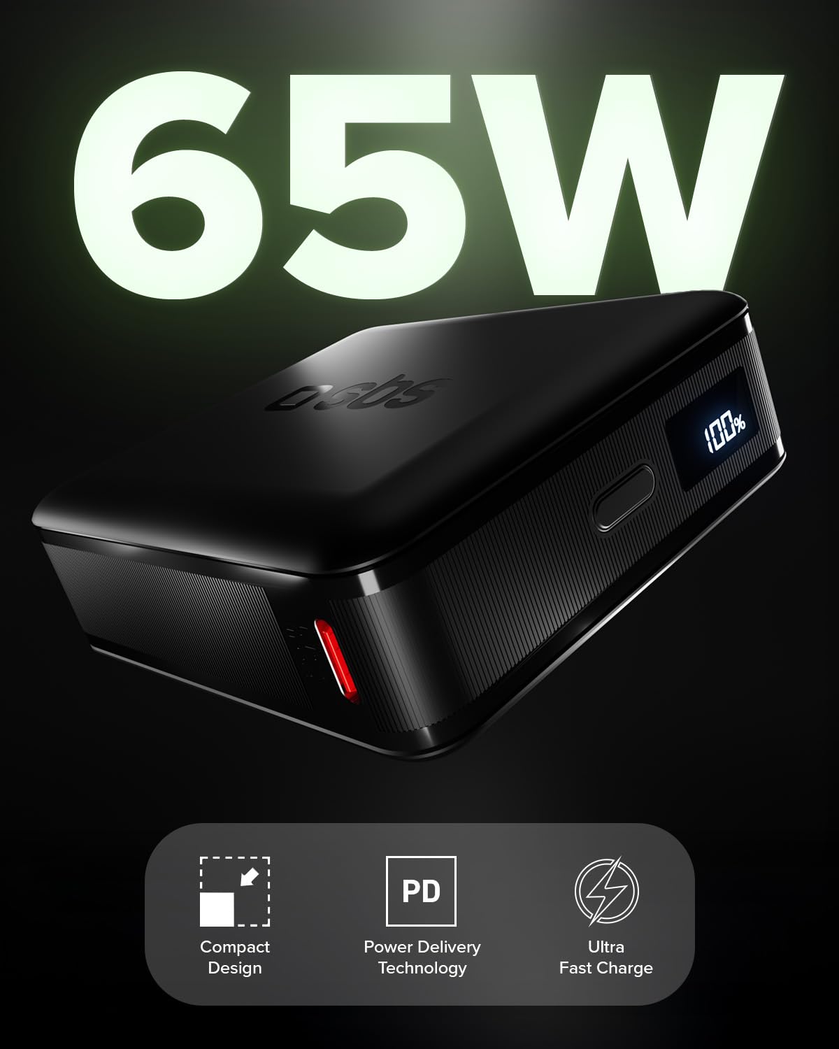 SBS NanoTube PowerBank HD, 20000mAh, 65W de Puissance (3.1 PPS), AFC, Batterie Externe avec Charge Rapide, Haute Densité, Écran LCD, USB-C, Chargeur de Voyage Portable, Design Compact, Noir