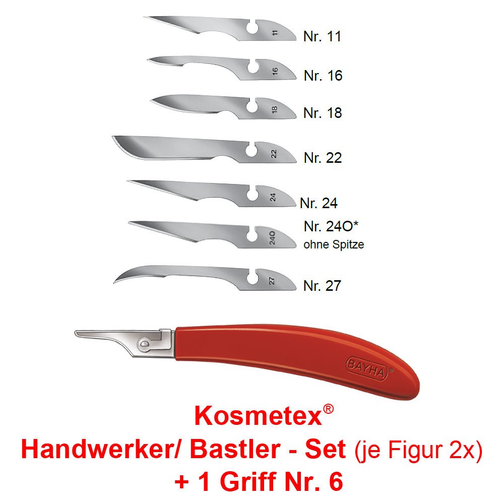 Handwerker Set: 14x Bayha Mix Skalpellklingen und Griff Nr.6 von Kosmetex, einzeln verpackt, Set: Handwerker - Griff