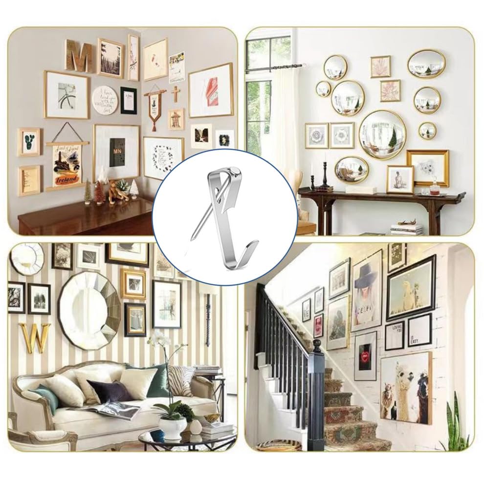 Image of 20pcs Picture Hanging Kit, 100Lb Professional Picture Frame Hangers, Metal Picture Hanging Hooks with Nails, on Drywall, Wooden Wall Photo, Mirror, Canvas, Wall Art (Silver)