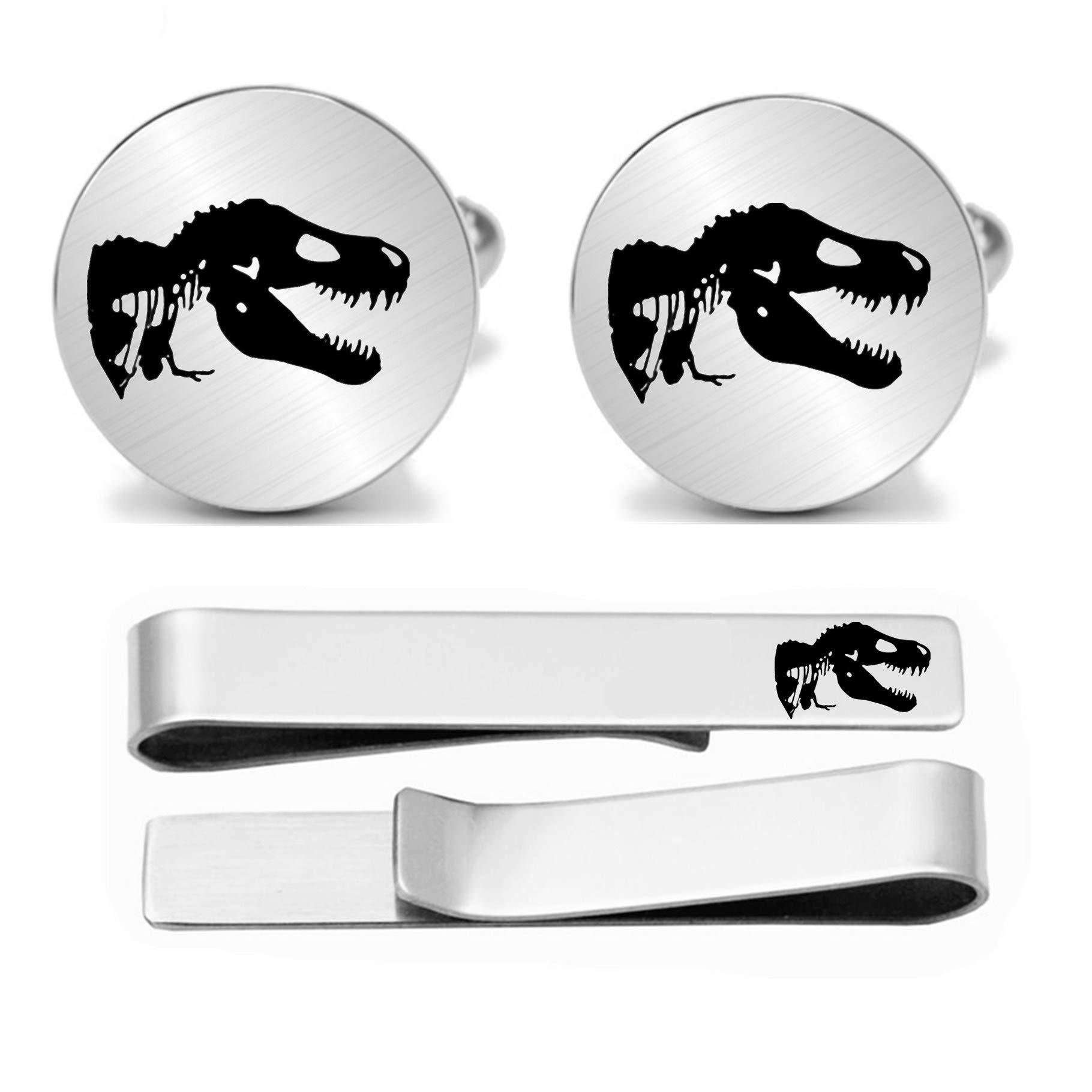 Kooer Birthday Gifts For Him, Engraved Tyrannosaurus CuffLinks Tie Clip Set Men's Dinosaur T-Rex Cufflinks Wedding Gifts for Him Dad Father Husband Boyfriend Groom Groomsman (Style 1)