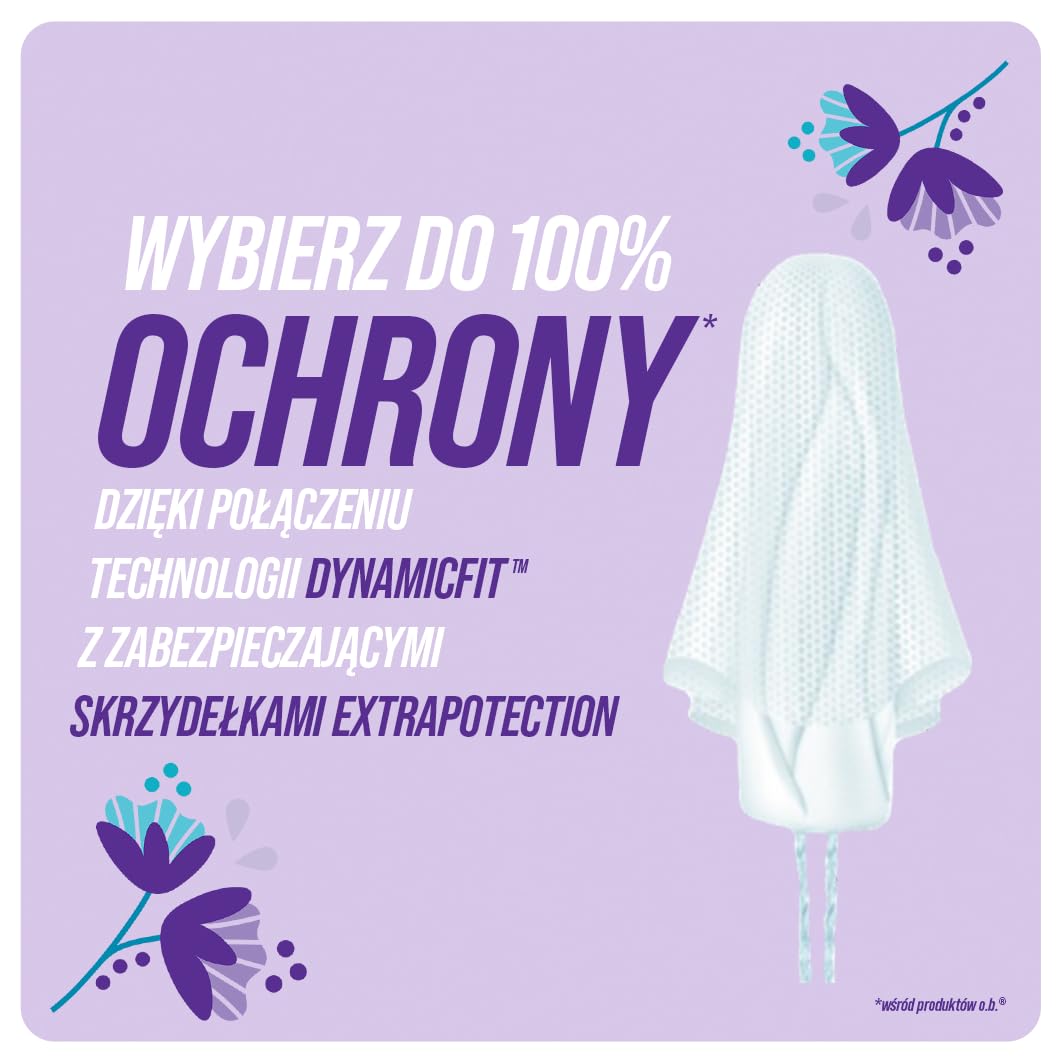 o.b. ExtraProtect Super Tampony 42 szt., dodatkowe skrzydełka zabezpieczające, do 100% ochrony przed przeciekaniem w dzień i w nocy, na obfite krwawienie, duże opakowanie