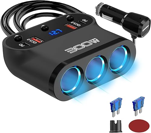 Adaptador divisor de encendedor de cigarrillos de 300 W: divisor de coche de 12 V de 3 zócalos Extensión de cargador de coche Dual PD USB C y 18 W