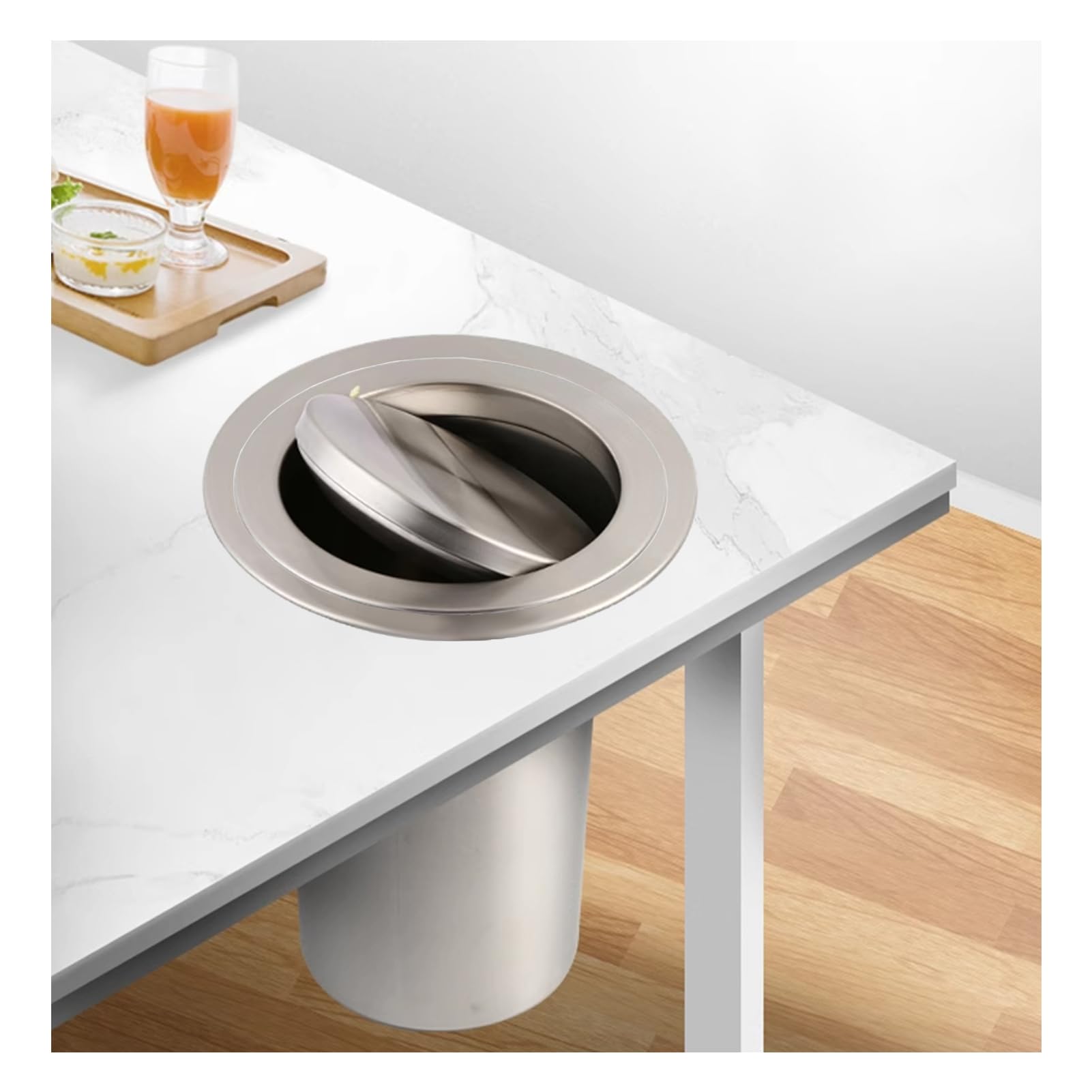 Stainless Steel Trash Can Lid, 29Cm Round Countertop Trash Bin With Swivel Cover, Built-In Design, 430 Grade, Ideal For Home Office Use,Yxg98T2045-39Cm-430 Stainless Steel,29Cm-430 Stainless Steel