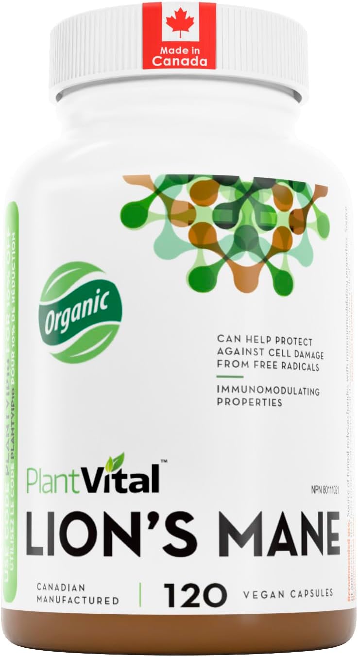 PlantVital Lions Mane - Made in Canada - Max Potency 5500mg (10:1 Extract) - Organic Lion’s Mane Mushroom Supplements with 40% Polysaccharides - Supports Immune Health and Antioxidants - 120 Capsules - Amazon product rated Grade B