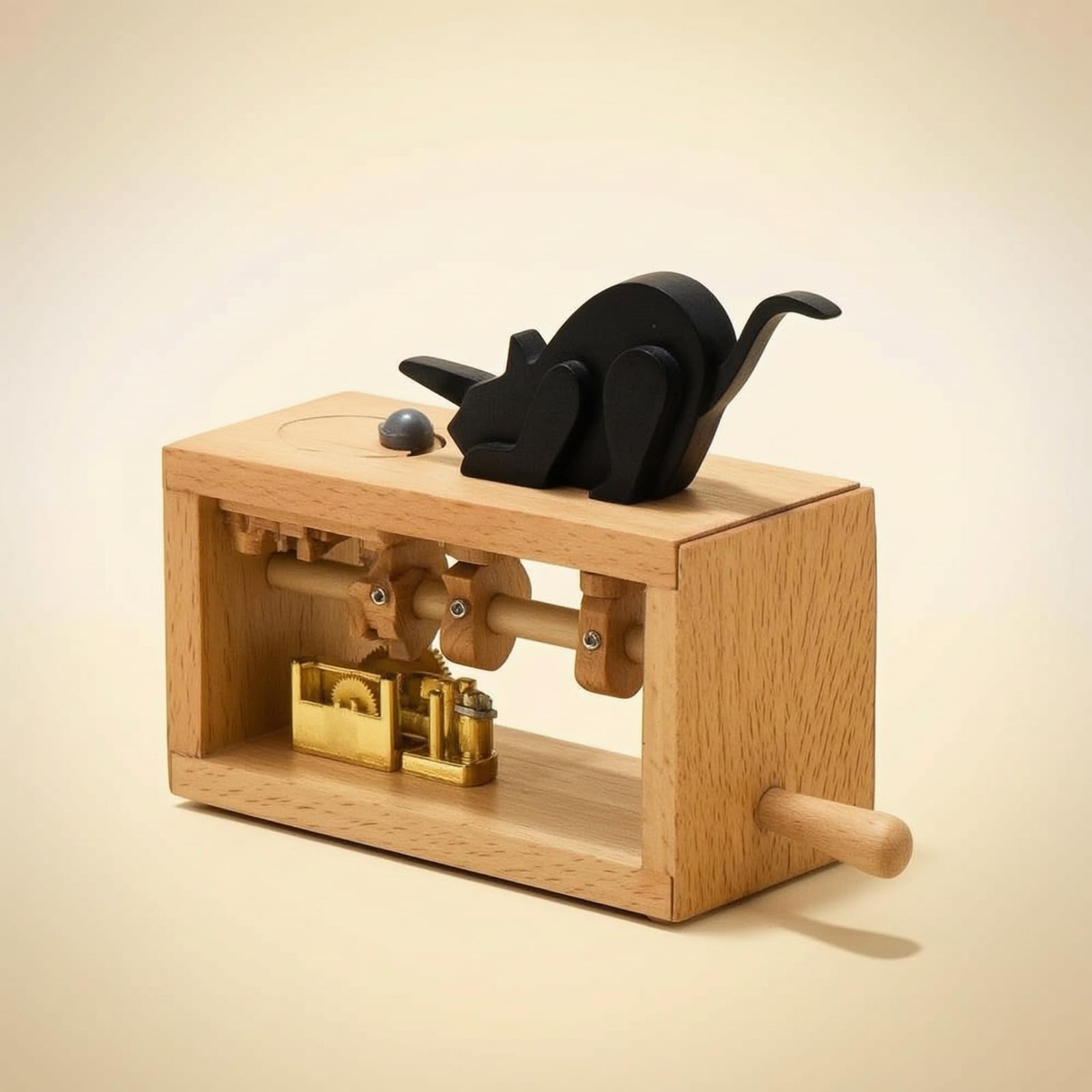 Caja de Música Decorativa Caja Musical Madera Mecánica Diseño Rústico Compartimento Abierto Piezas Metálicas Visibles Recuerdo Artesanal Adecuada para , Gato Y Ratón