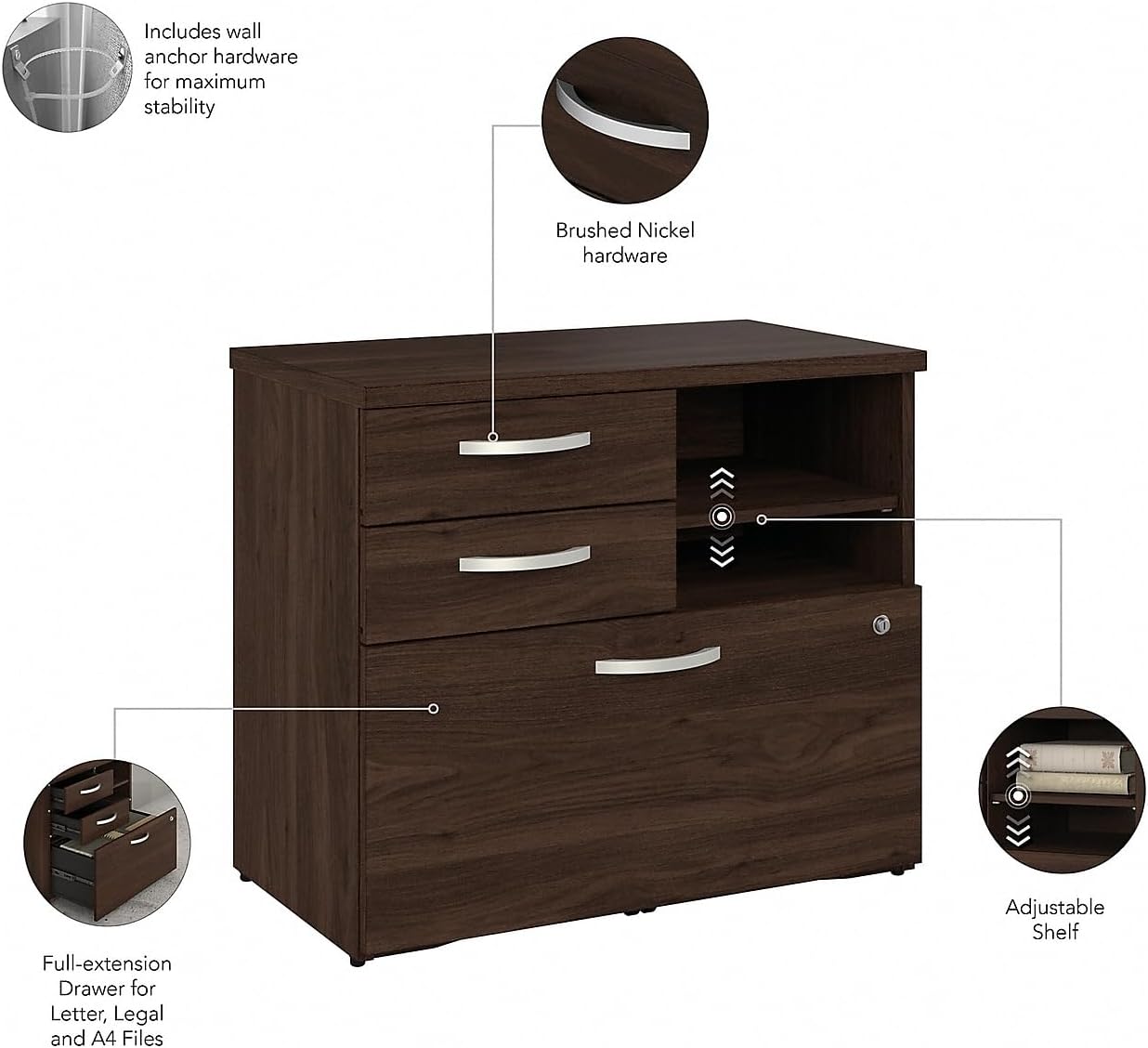 Bush Business Furniture Hybrid Office Storage Cabinet with Drawers and Shelves, Black Walnut