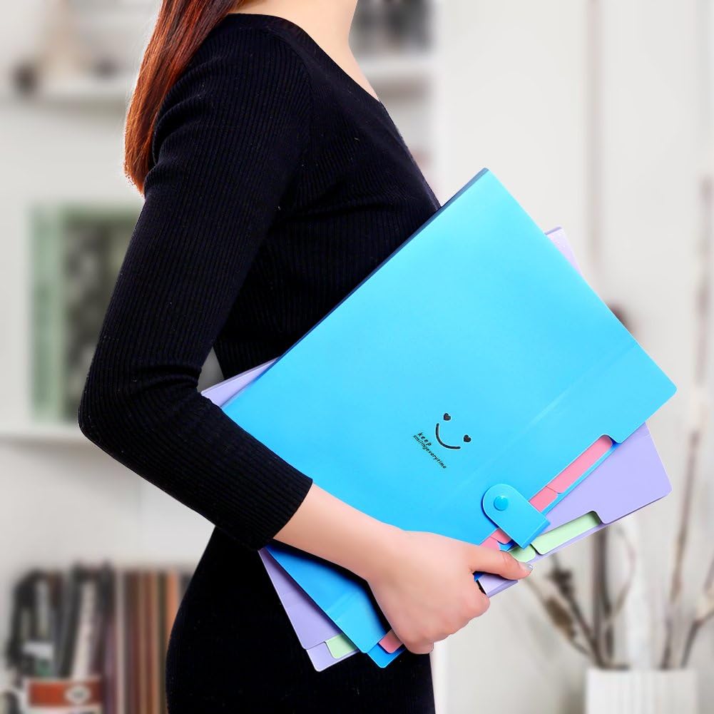Phyxin Expanding File Folders 5 Pockets Document Organizer A4 Letter Size Plastic File Folder with Labels Document Holder for Business School Supplies Lake Blue
